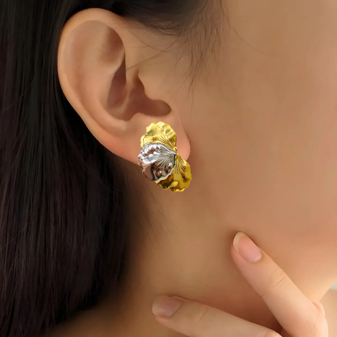 Silver And Gold Iris Flower Earrings - Image 2