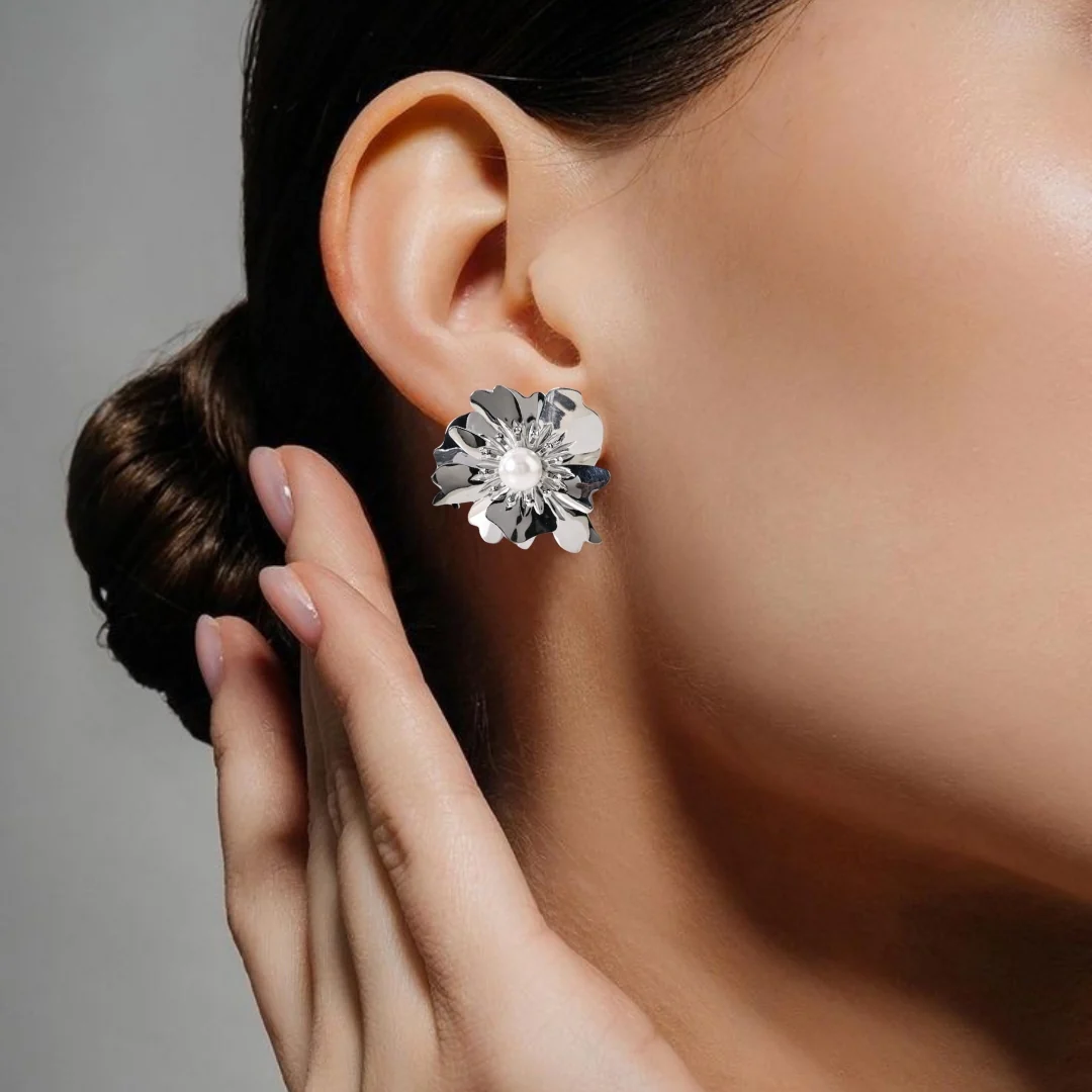 Silver Anemone Flower Pearl Stud Earrings - Image 2