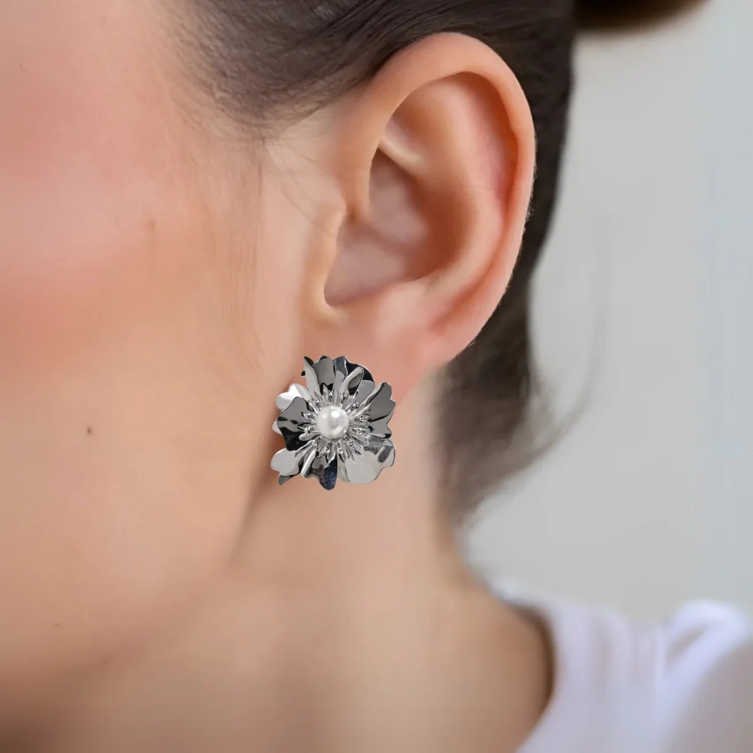 Silver Anemone Flower Pearl Stud Earrings - Image 5