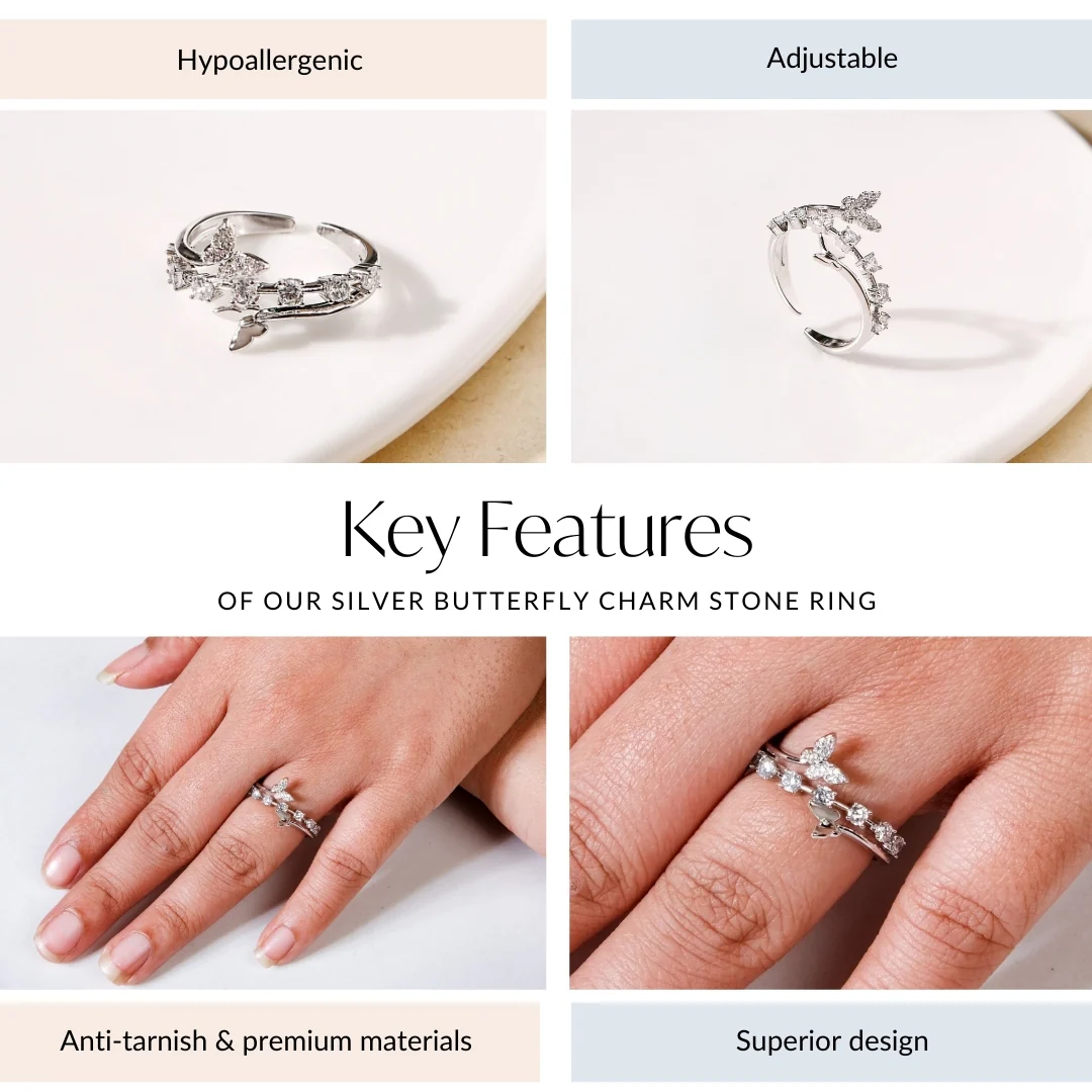 Silver Butterfly Charm Stone Ring - Image 4