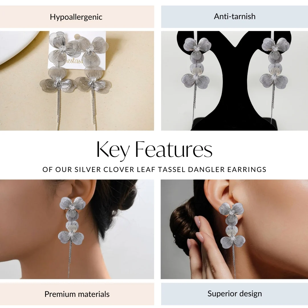 Silver Clover Leaf Tassel Dangler Earrings - Image 4