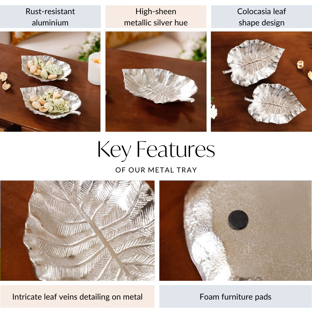 Silver Colocasia Leaf Metal Tray Set Of 2 - Image 6