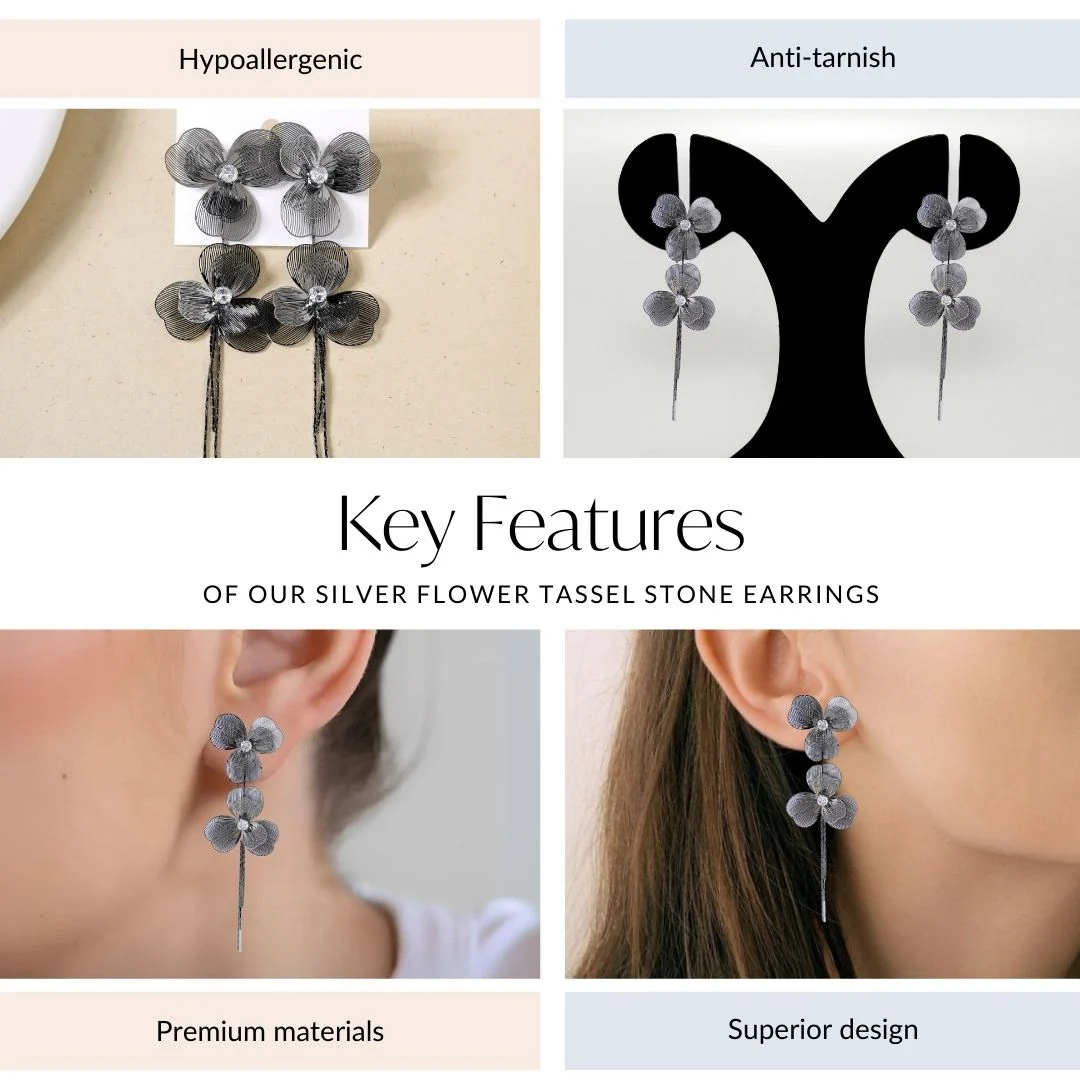 Silver Flower Tassel Stone Earrings - Image 4