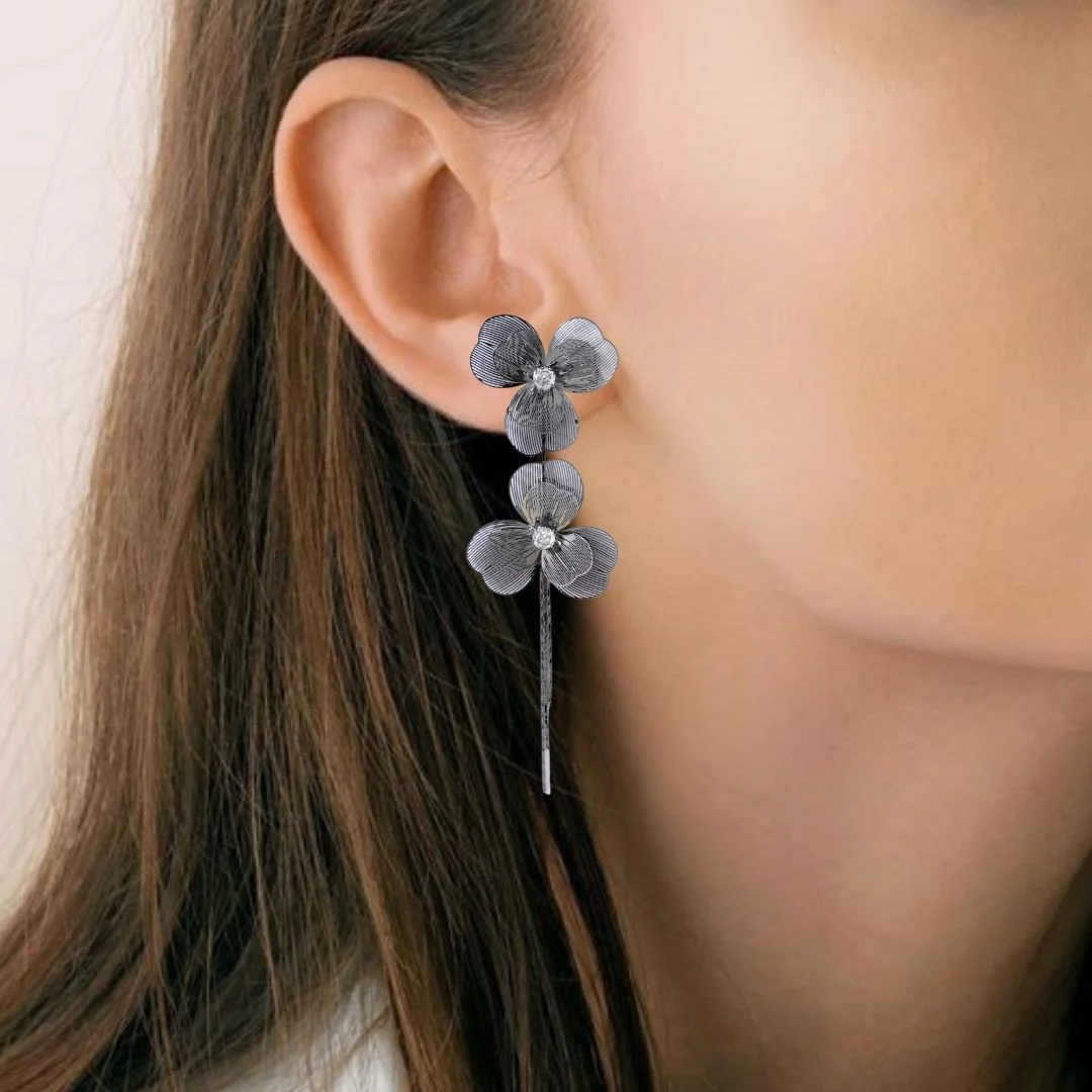 Silver Flower Tassel Stone Earrings - Image 5