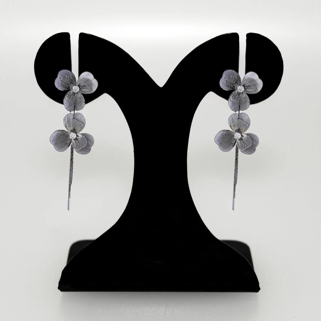 Silver Flower Tassel Stone Earrings - Image 6