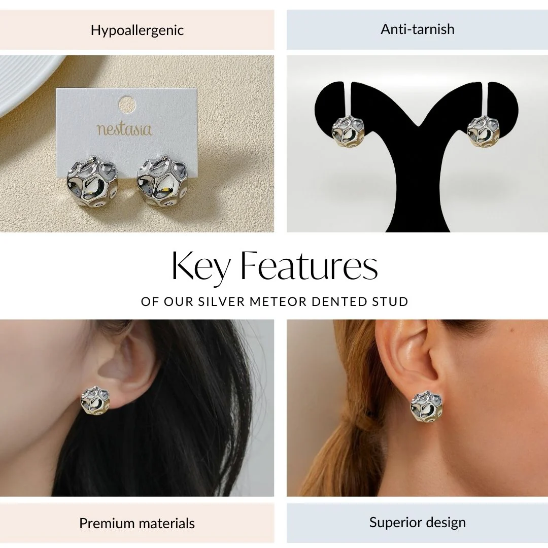 Silver Meteor Dented Stud Earrings - Image 4