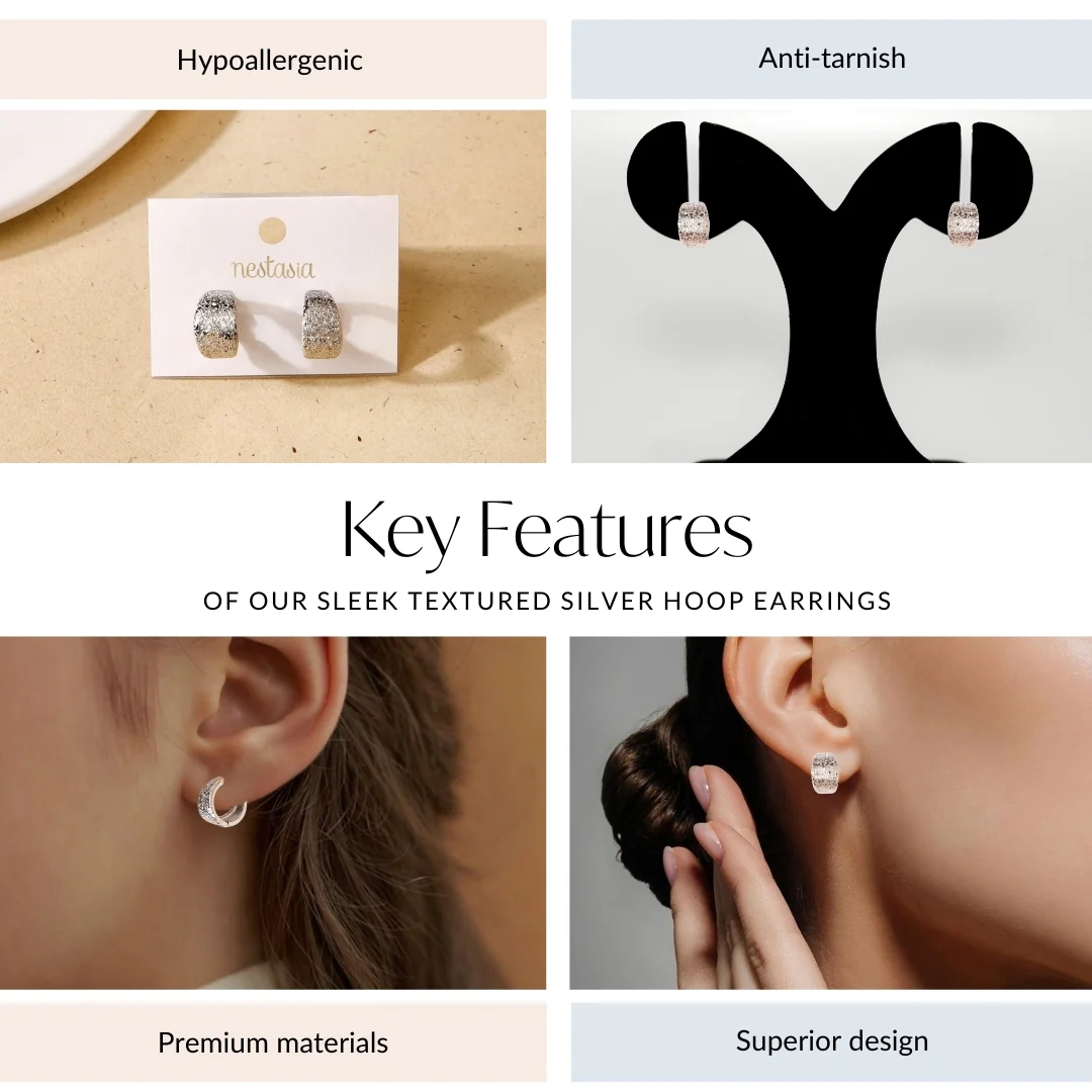 Sleek Textured Silver Hoop Earrings - Image 5