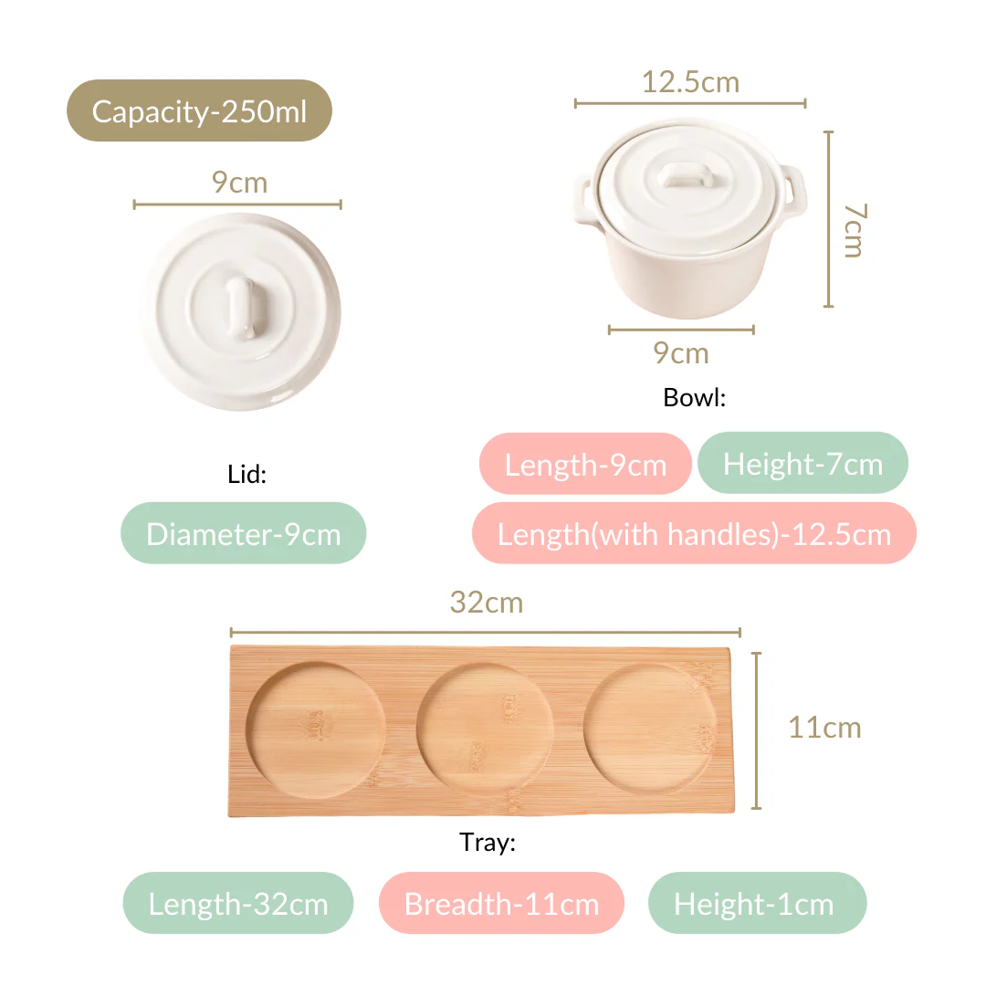 Small Ceramic Bowl Set Of 3 With Bamboo Tray 250ml - Image 4