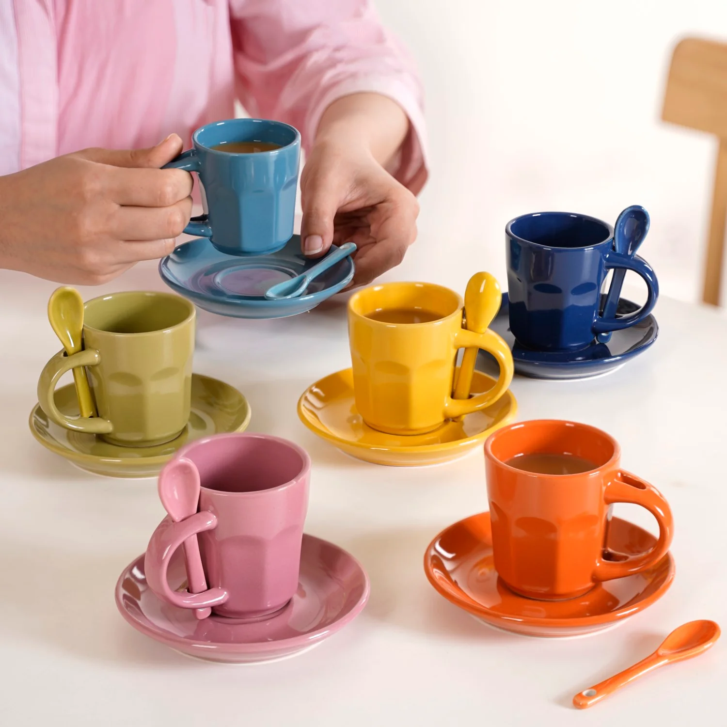 Small Espresso Tea Cup With Saucer And Spoons Set Of 6 Multicolour 100ml - Image 3