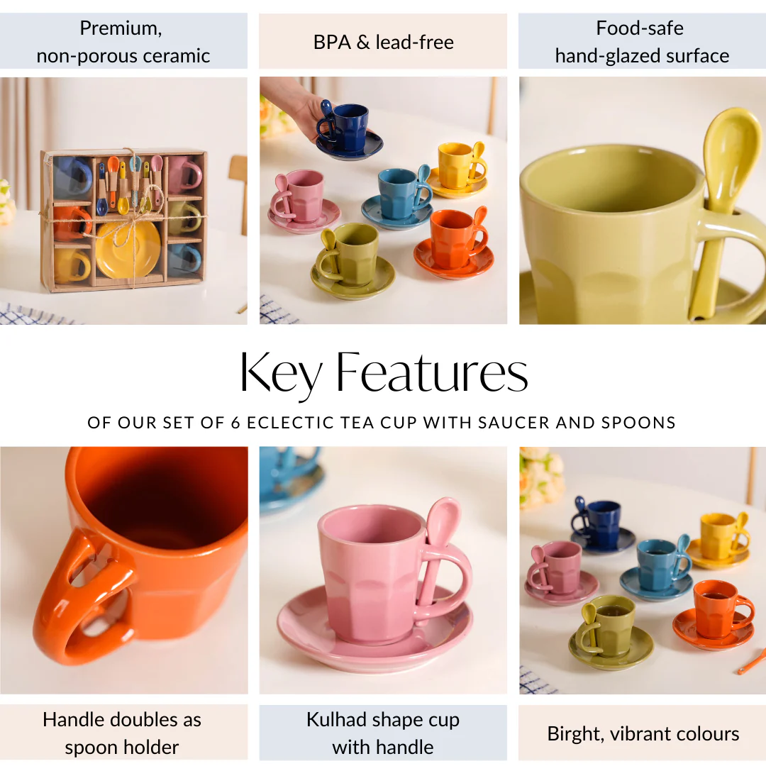 Small Espresso Tea Cup With Saucer And Spoons Set Of 6 Multicolour 100ml - Image 6