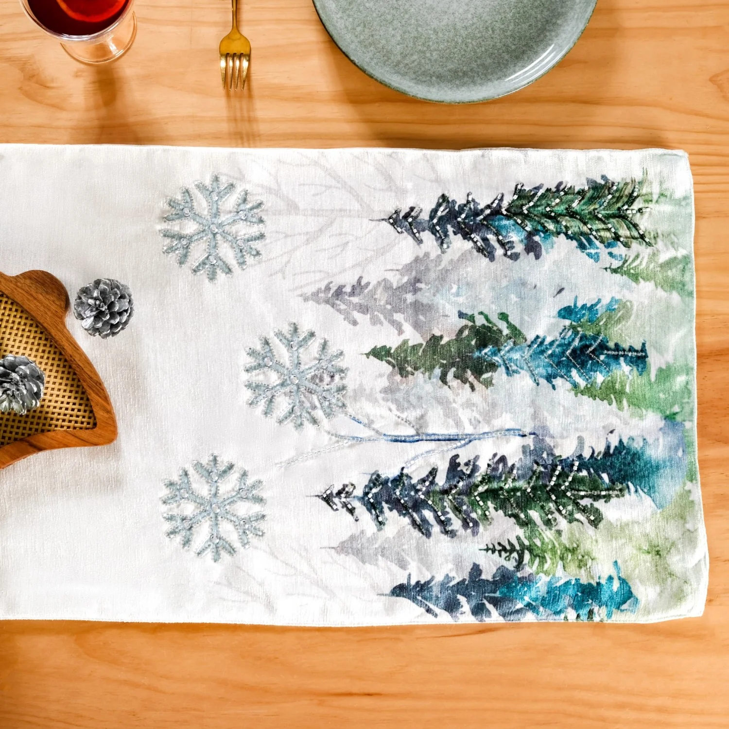 Snowfall In Pine Forest Embroidered Table Runner - Image 5
