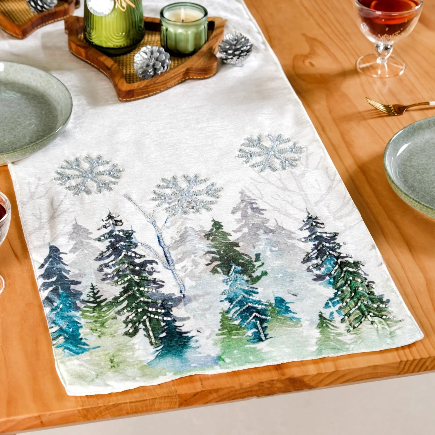 Snowfall In Pine Forest Embroidered Table Runner - Image 6