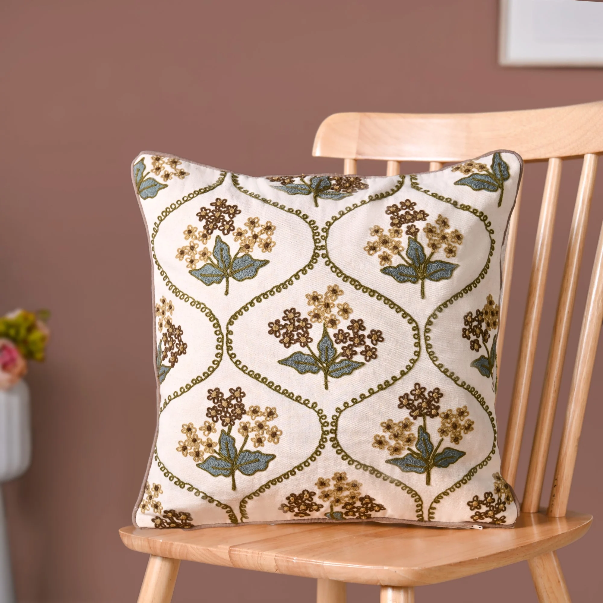 Soft Florals Embroidered Cushion Cover White 40x40cm