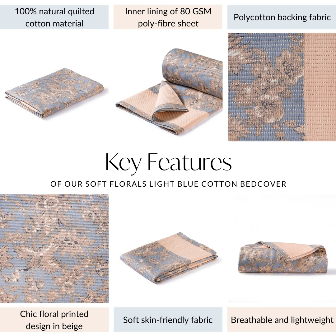 Soft Florals Light Blue Cotton Bedcover 254x233cm - Image 4