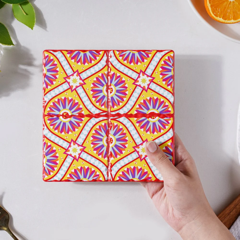 Spanish Art Square Ceramic Tiled Trivet Yellow Pink - Image 4