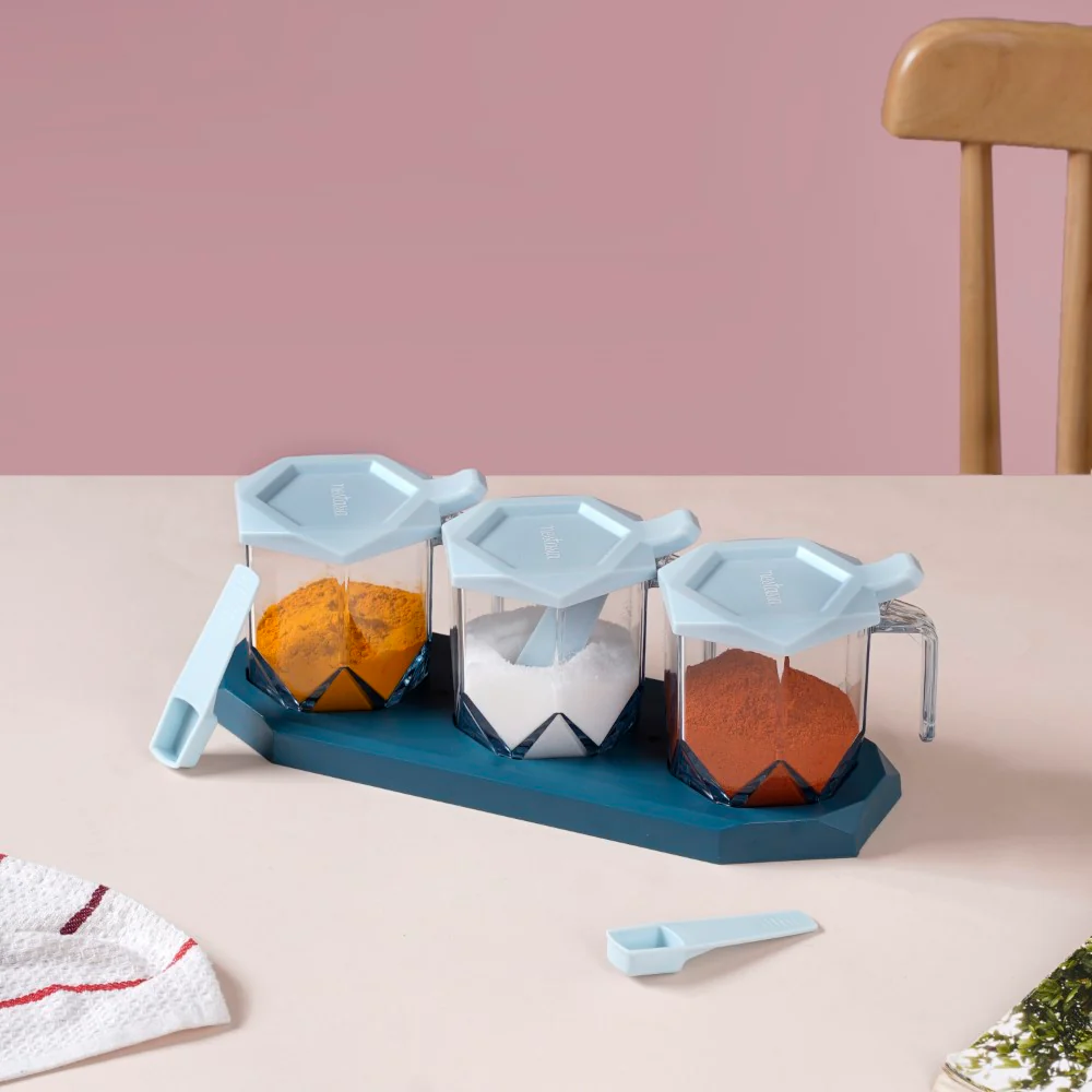 Spice Containers With Spoons Set Of 3 Blue - Image 4
