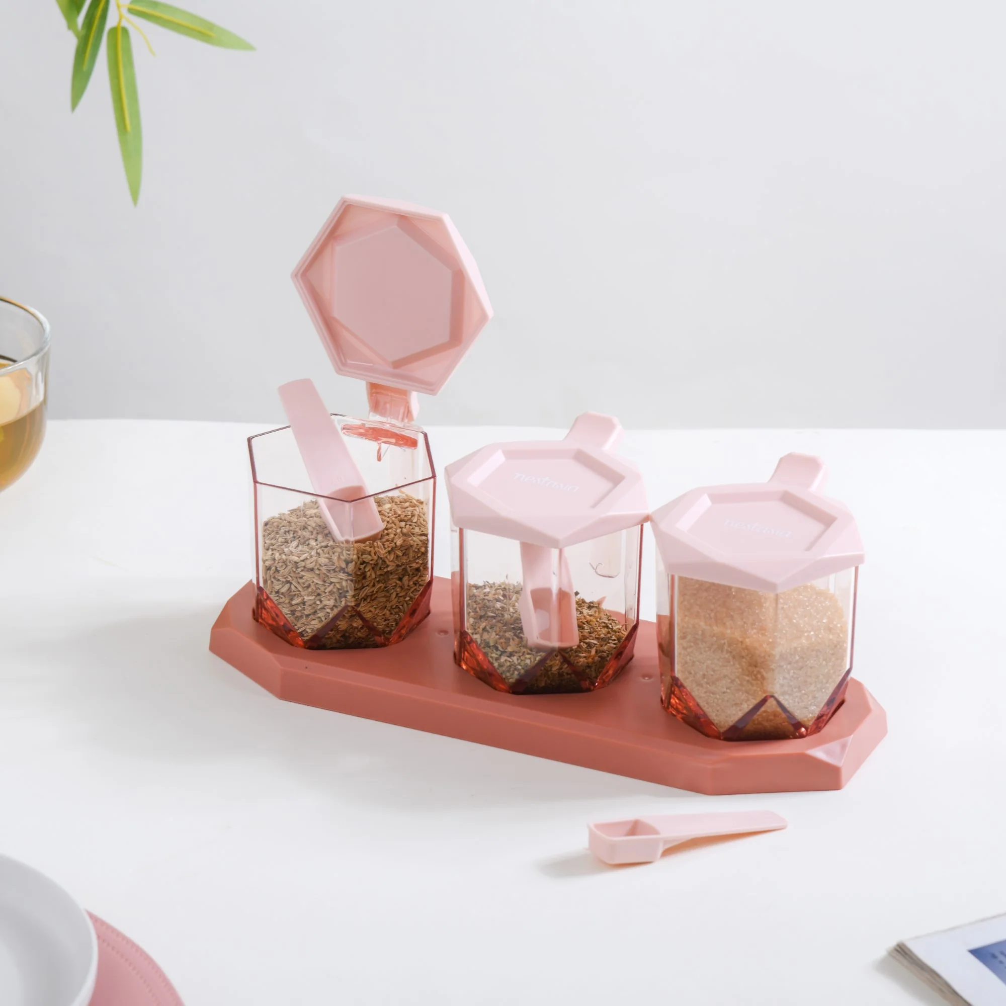 Spice Containers With Spoons Set Of 3 Pink - Image 2
