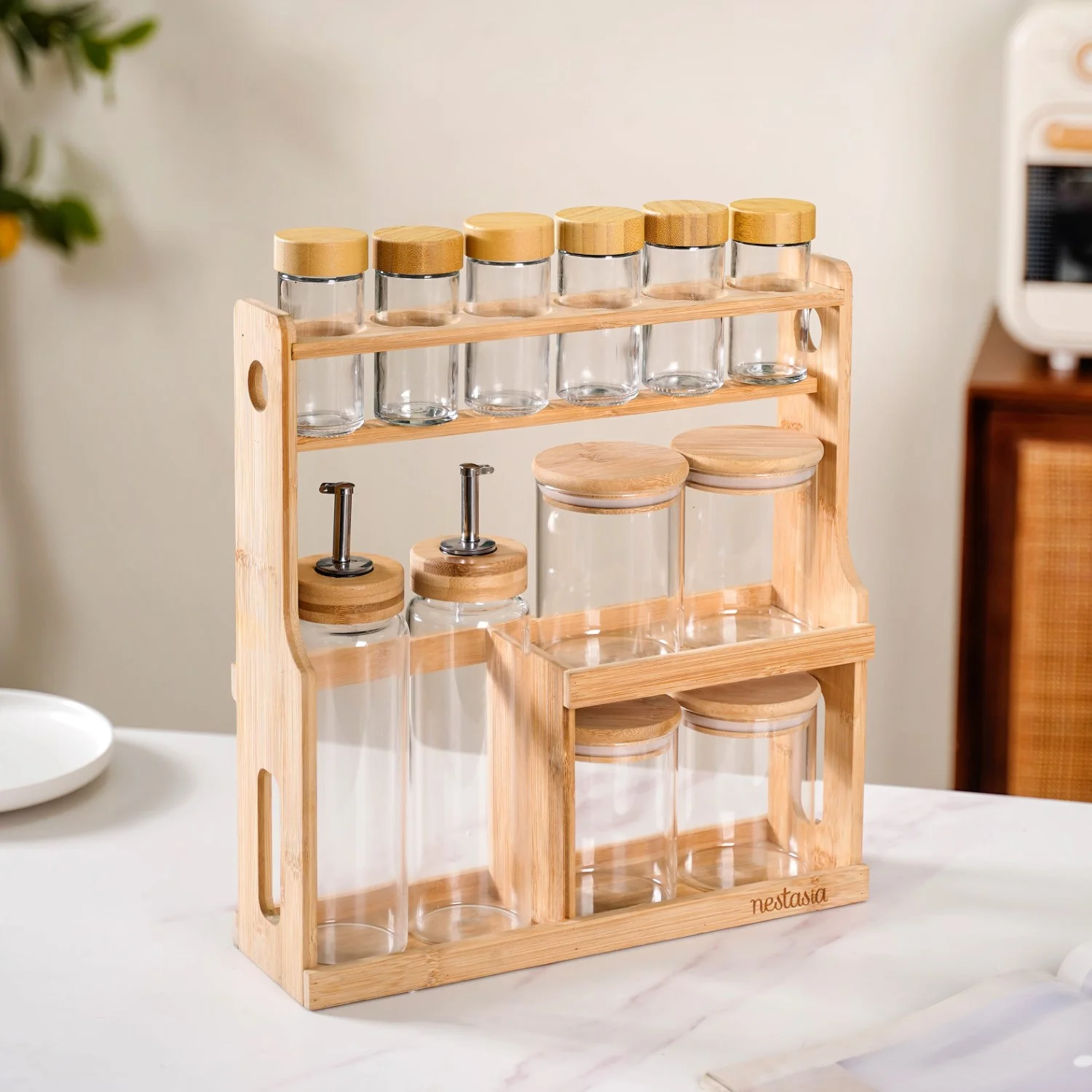 Spice Jars And Oil Bottles Set Of 12 With Wooden Stand - Image 3