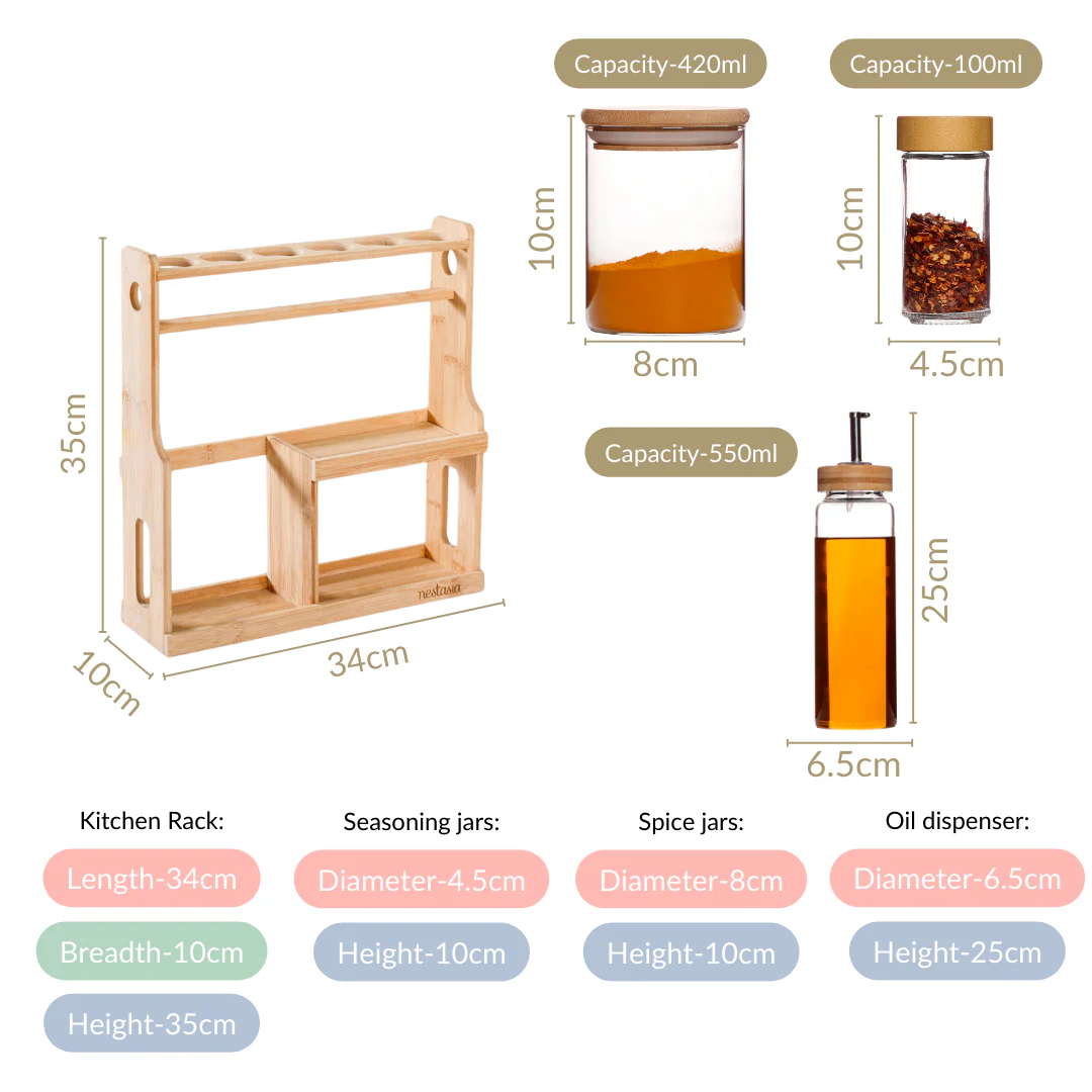 Spice Jars And Oil Bottles Set Of 12 With Wooden Stand - Image 4
