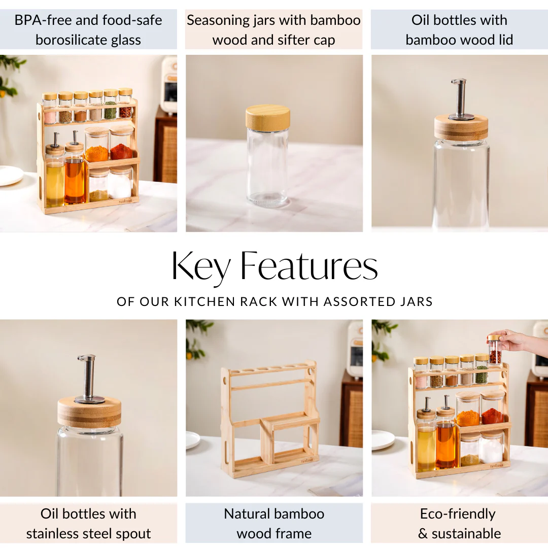 Spice Jars And Oil Bottles Set Of 12 With Wooden Stand - Image 5