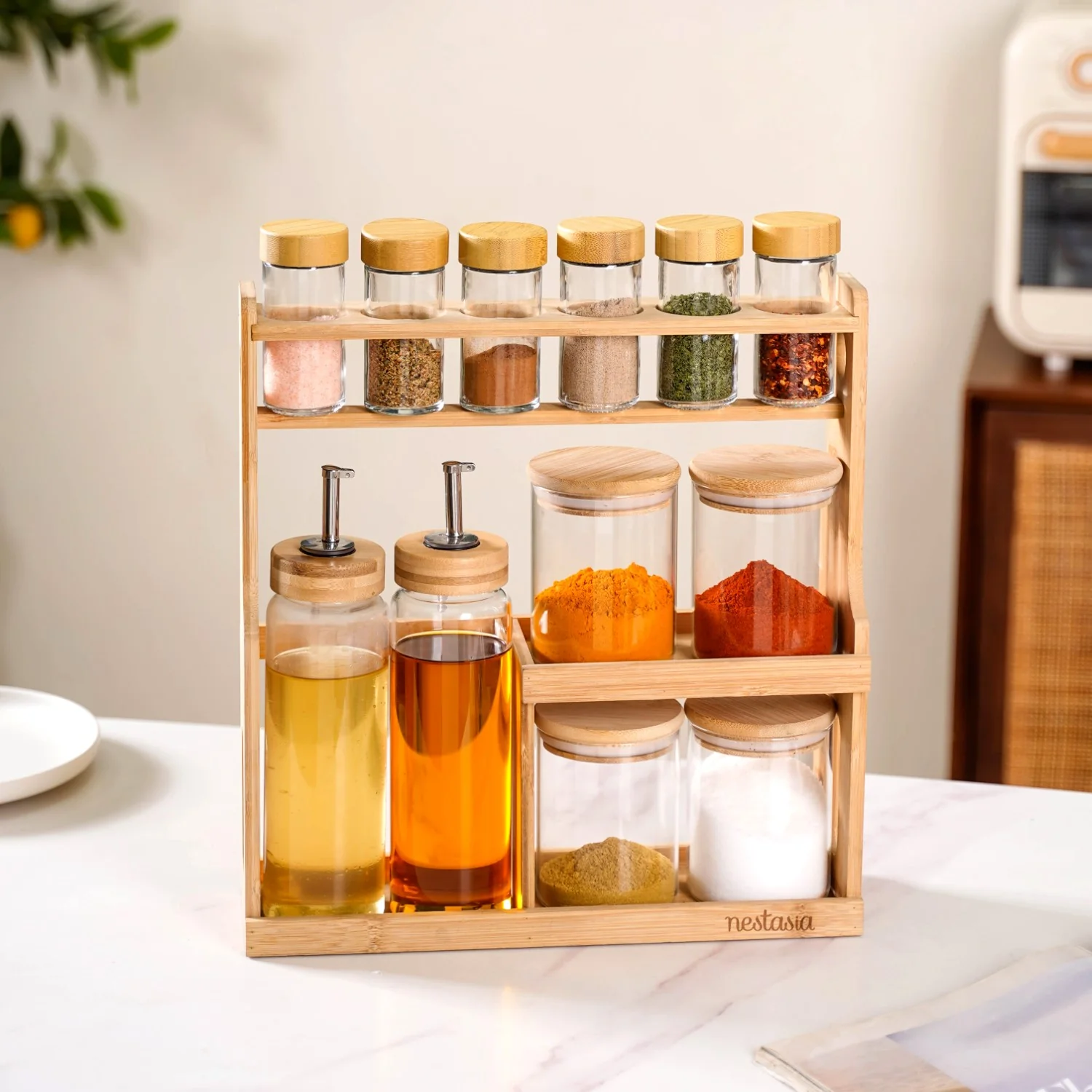Spice Jars And Oil Bottles Set Of 12 With Wooden Stand - Image 9