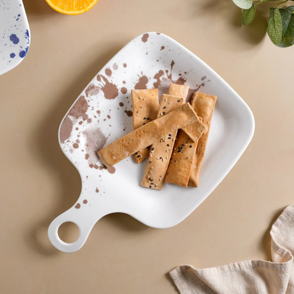 Splash Patterned Snack Plate With Handle Brown 11 Inch