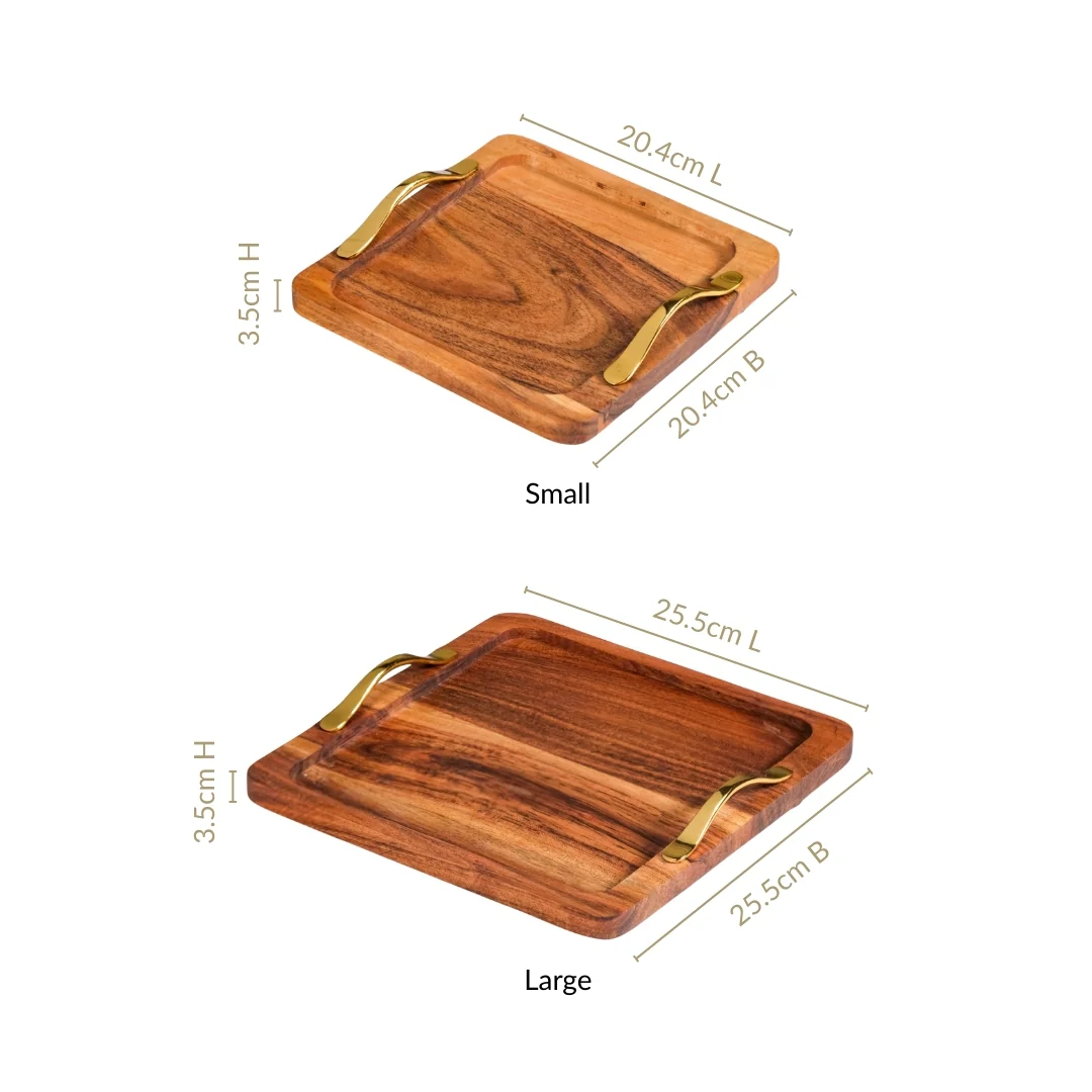 Square Wood Serving Tray With Gold Handles Set Of 2 - Image 4