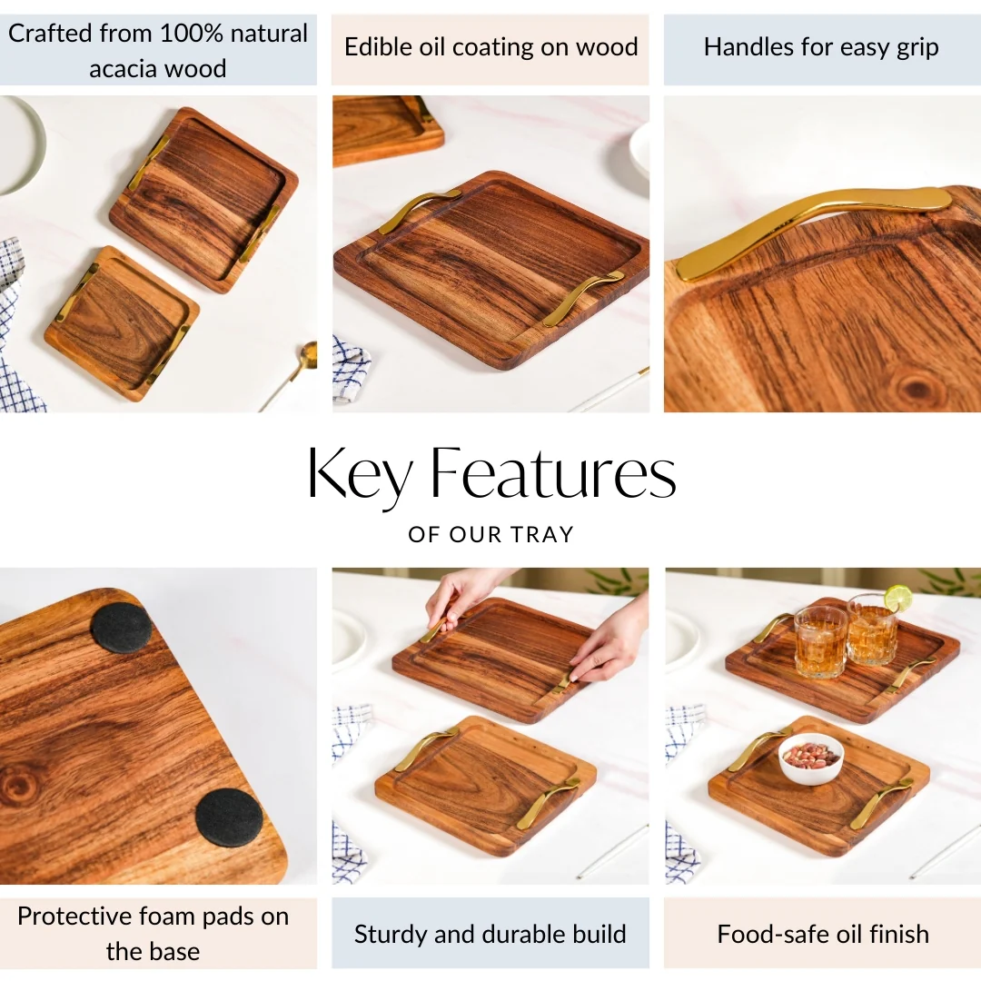 Square Wood Serving Tray With Gold Handles Set Of 2 - Image 5