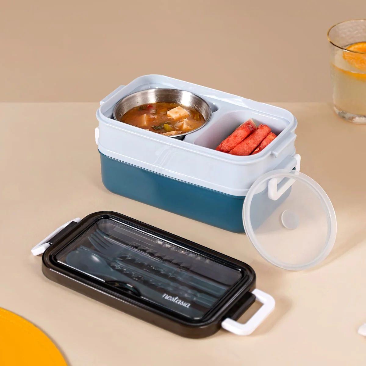 Stackable Insulated Lunch Box With Cutlery Blue 1050ml - Image 4