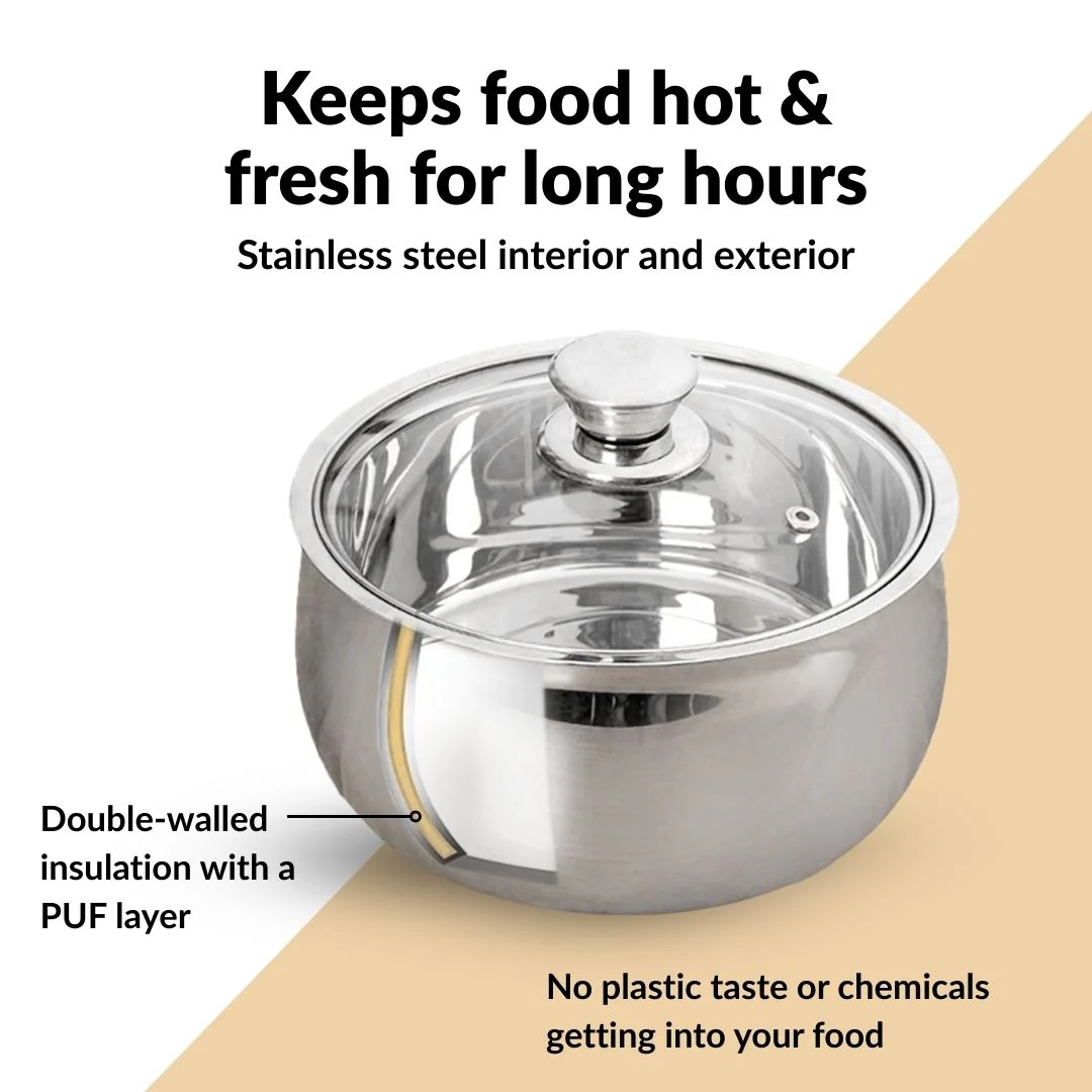 Stainless Steel Double Walled Casserole With Glass Lid 1000ml - Image 4