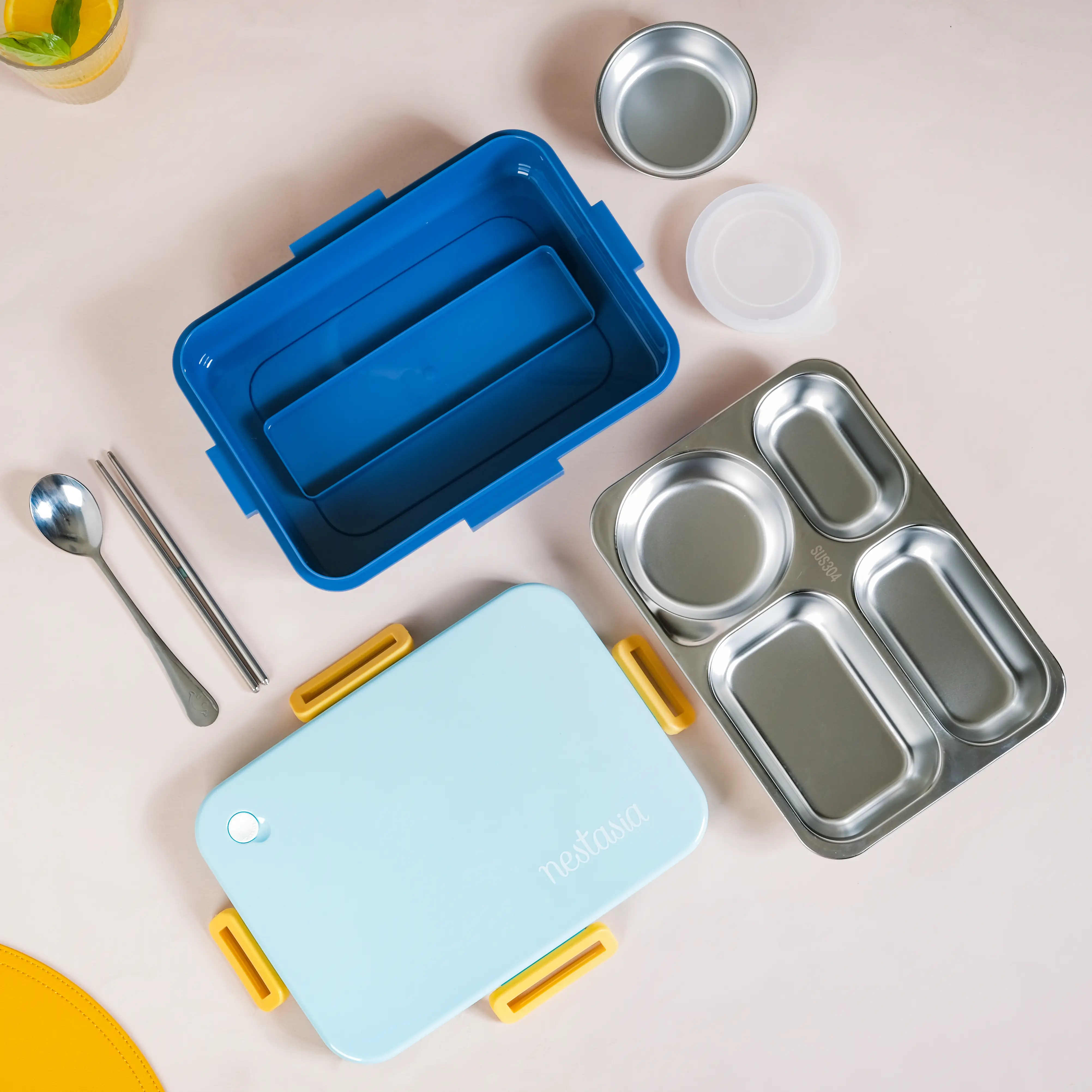 Stainless Steel Lunch Box With 4 Compartments Blue 900ml - Image 8