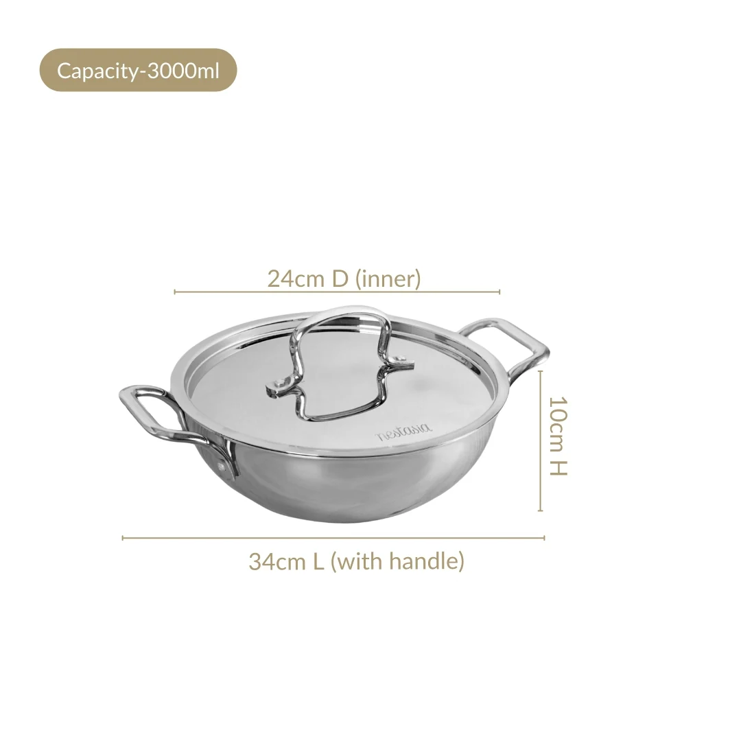 Stainless Steel Tri Ply Kadai With Lid 3000ml - Image 4