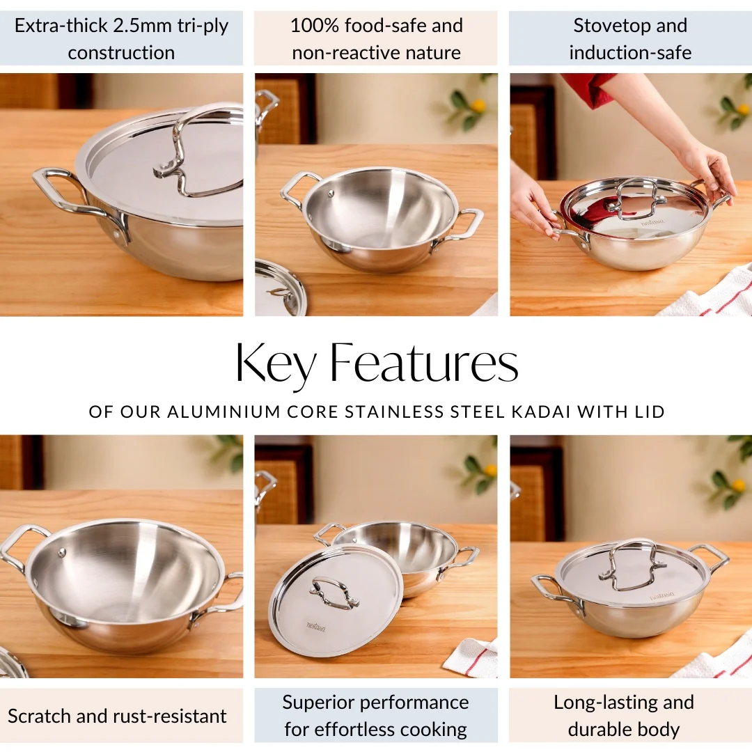 Stainless Steel Tri Ply Kadai With Lid 3000ml - Image 6