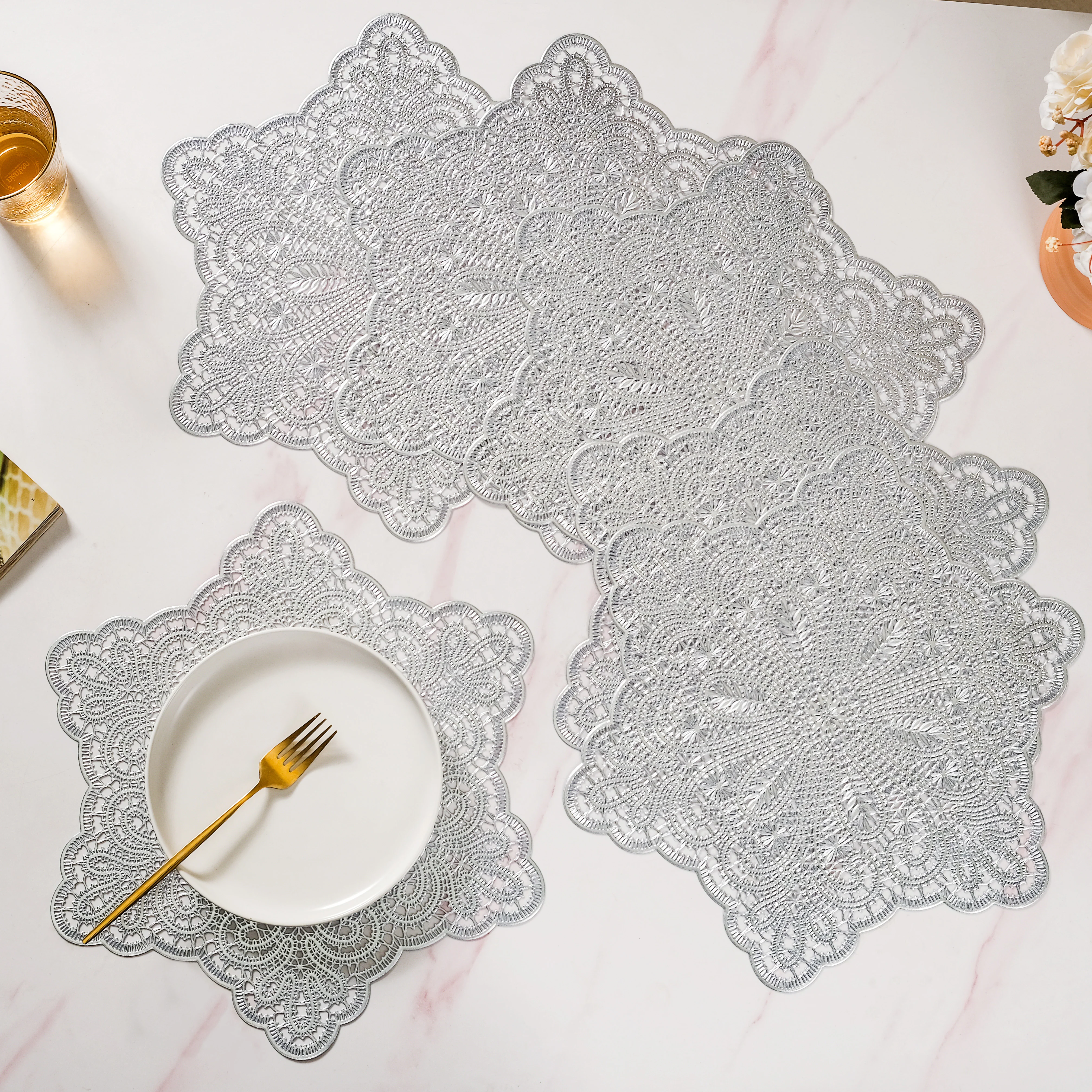 Star Shaped Cutwork Table Mat Silver Set Of 6 - Image 7