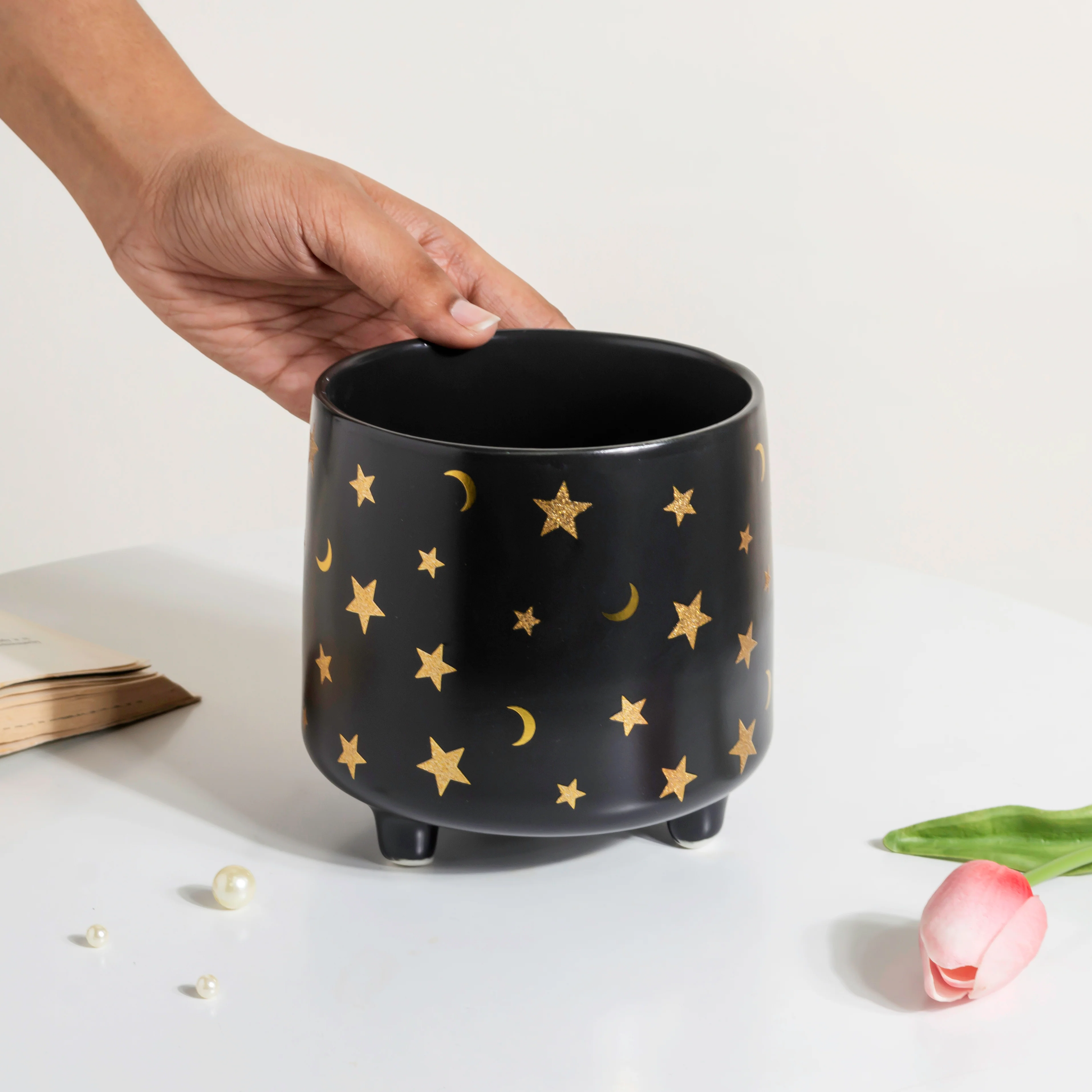 Stars and Moons Black Ceramic Planter Large - Image 4