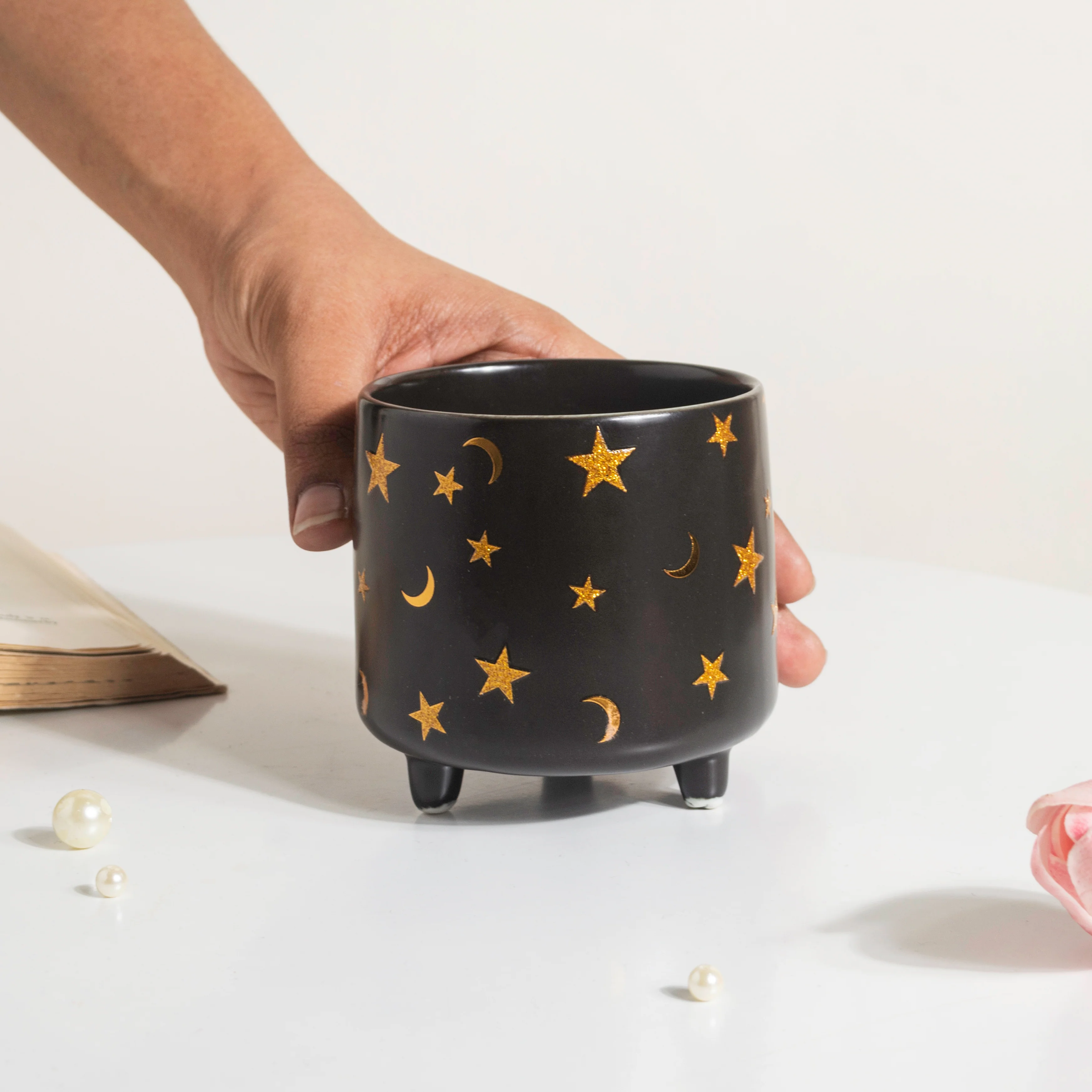 Stars and Moons Black Ceramic Planter Small - Image 2
