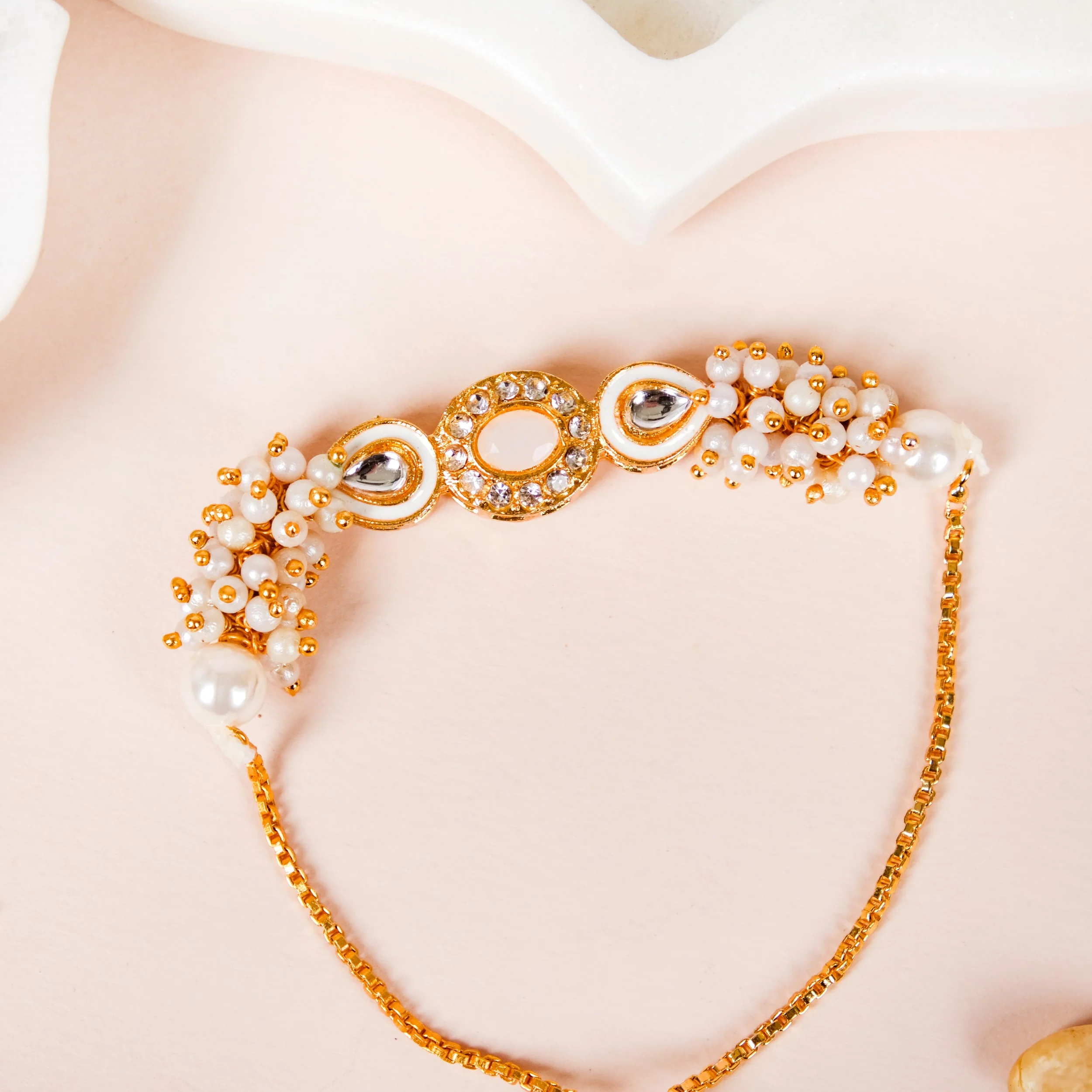 Stone And Pearl White Kundan Rakhi Set For Couple - Image 8