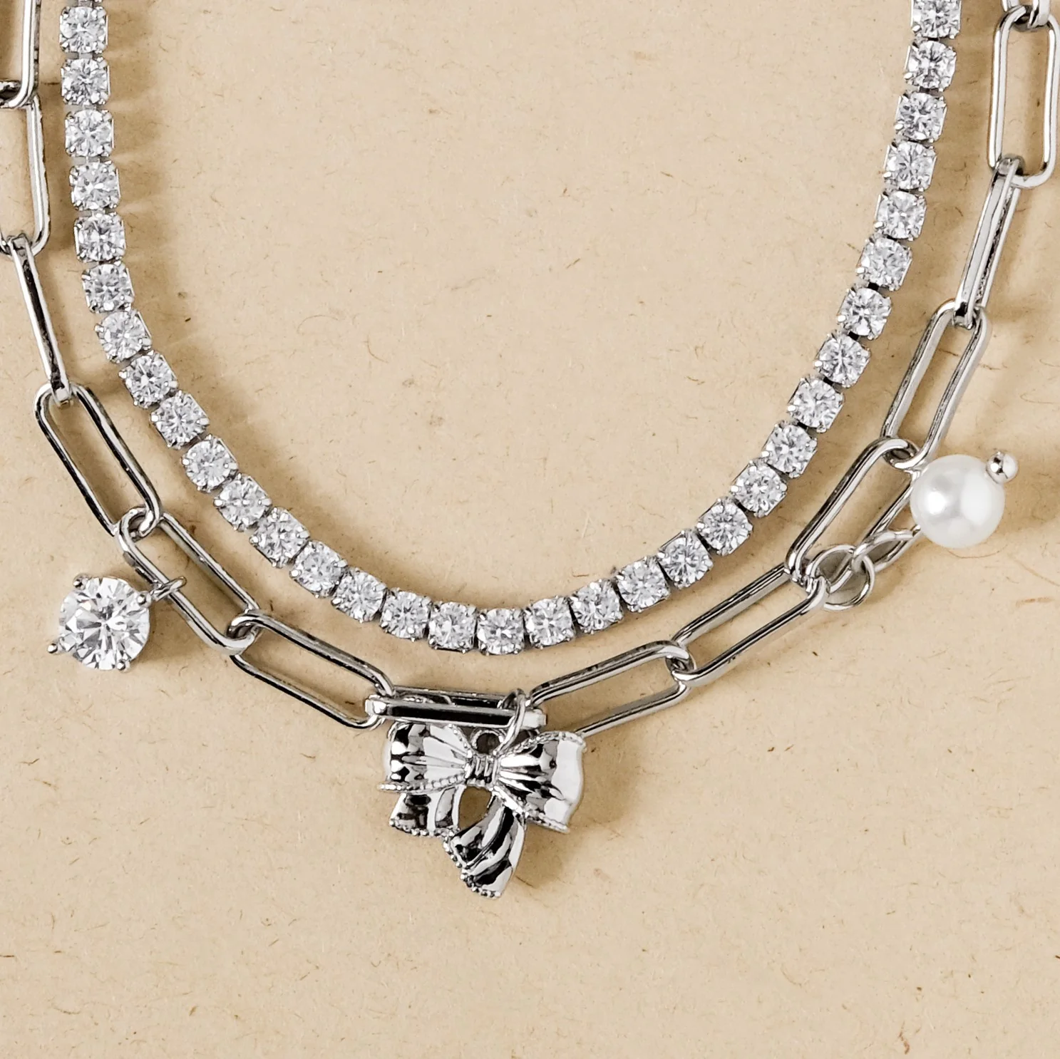 Stone Studded Silver Bow Charm Bracelet - Image 5
