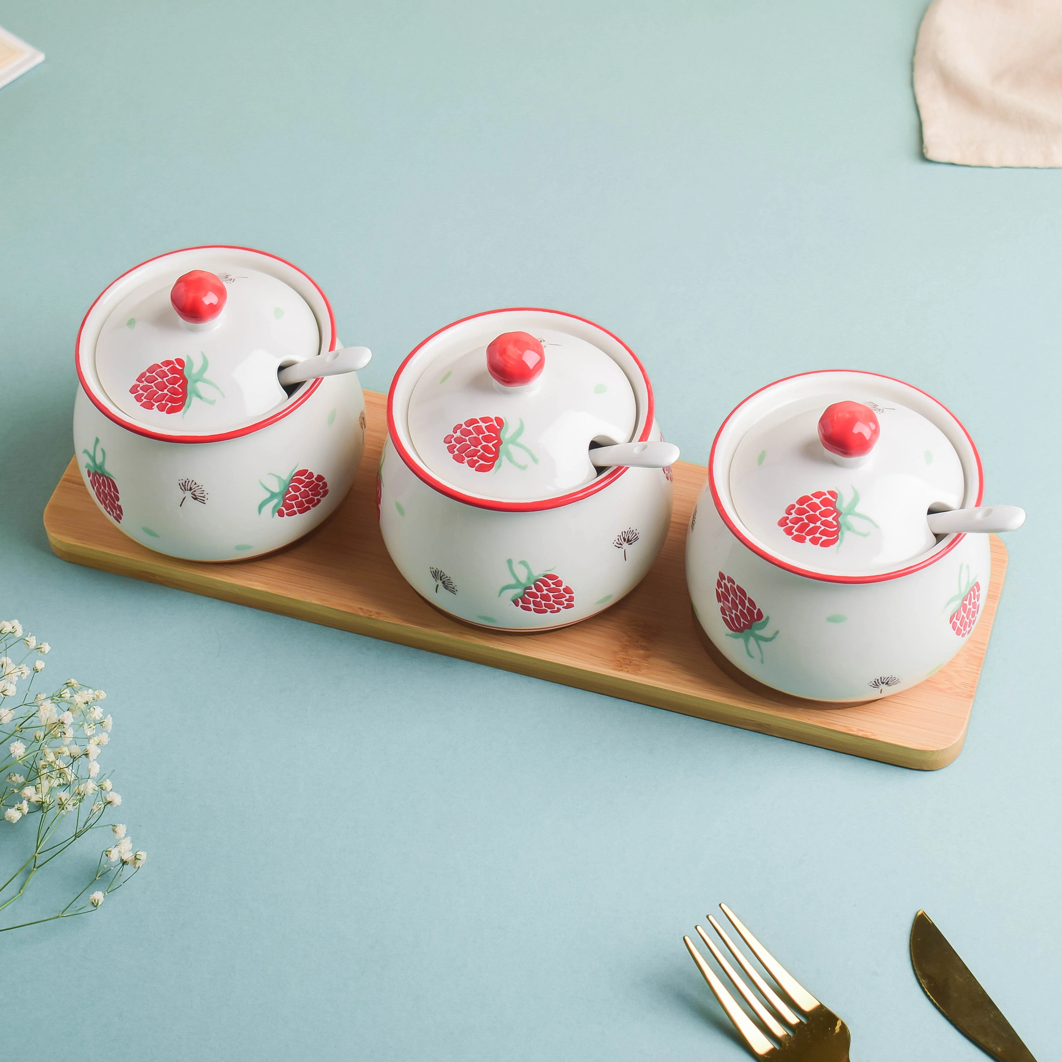Strawberry Print Spice Jar Set with Tray - Image 10