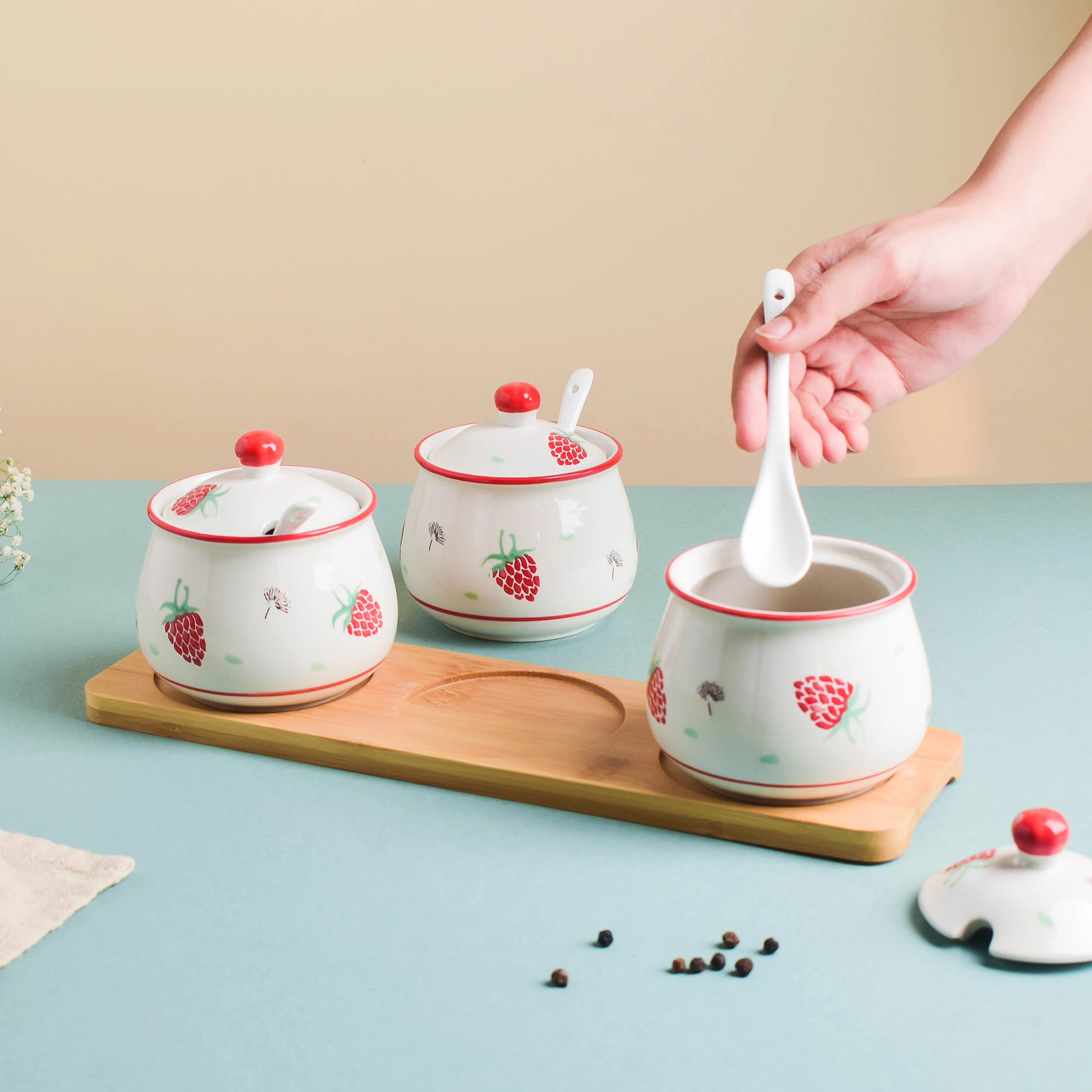 Strawberry Print Spice Jar Set with Tray - Image 2