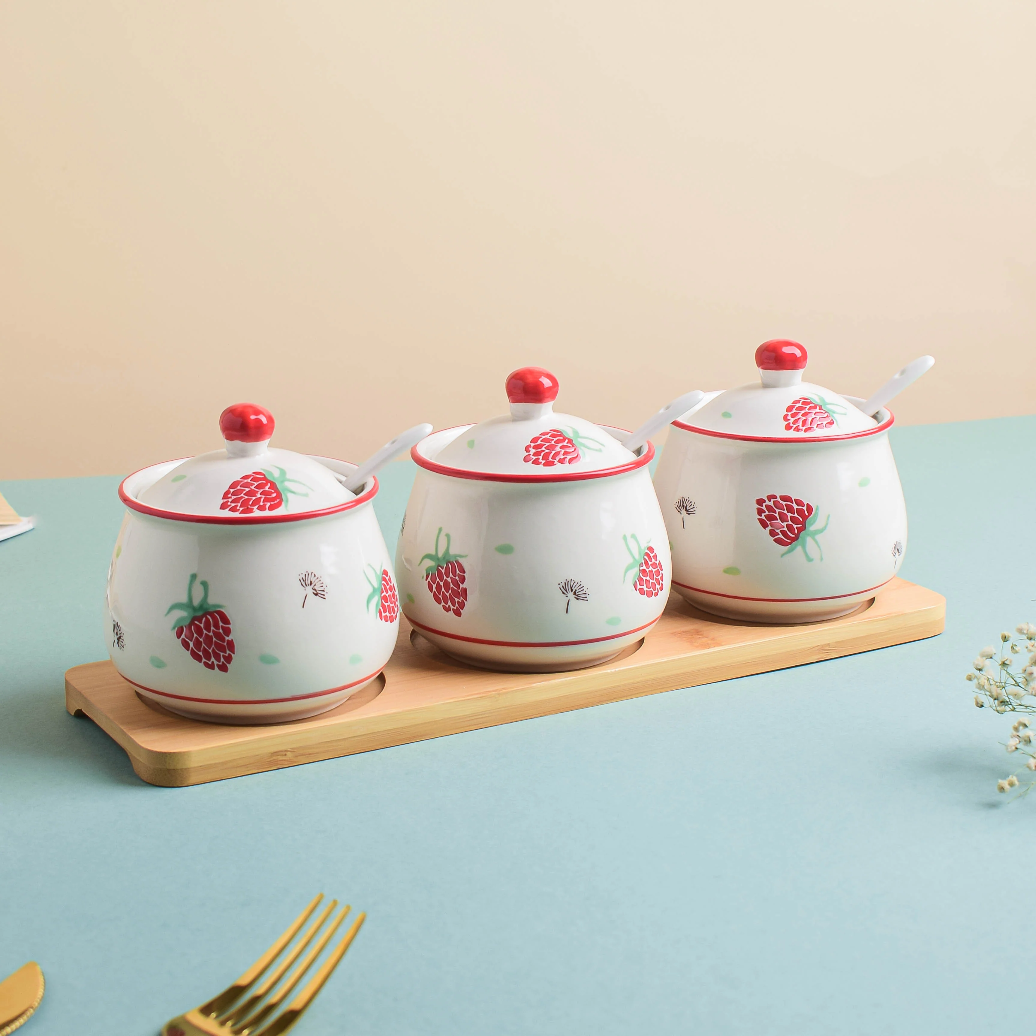 Strawberry Print Spice Jar Set with Tray - Image 3