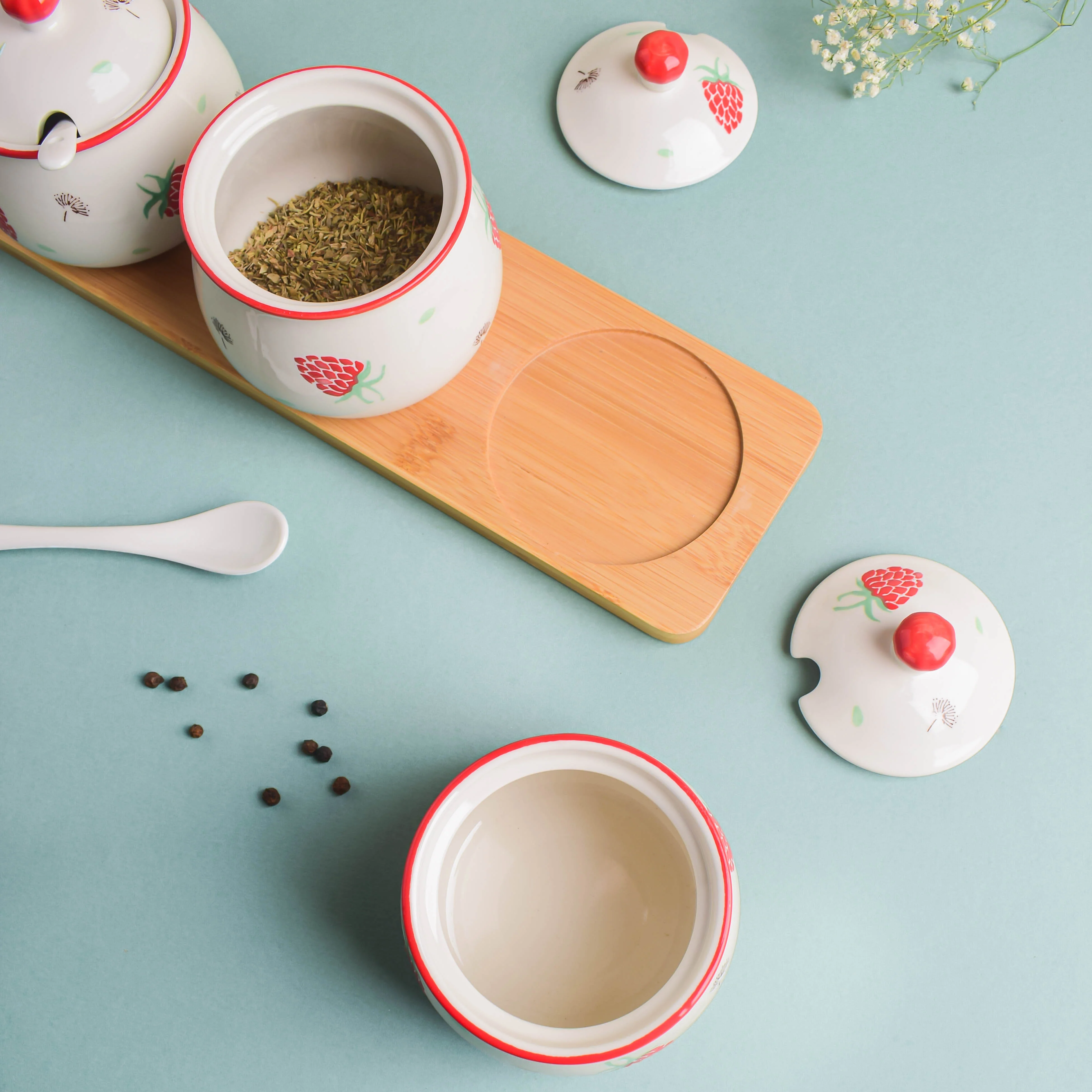 Strawberry Print Spice Jar Set with Tray - Image 4