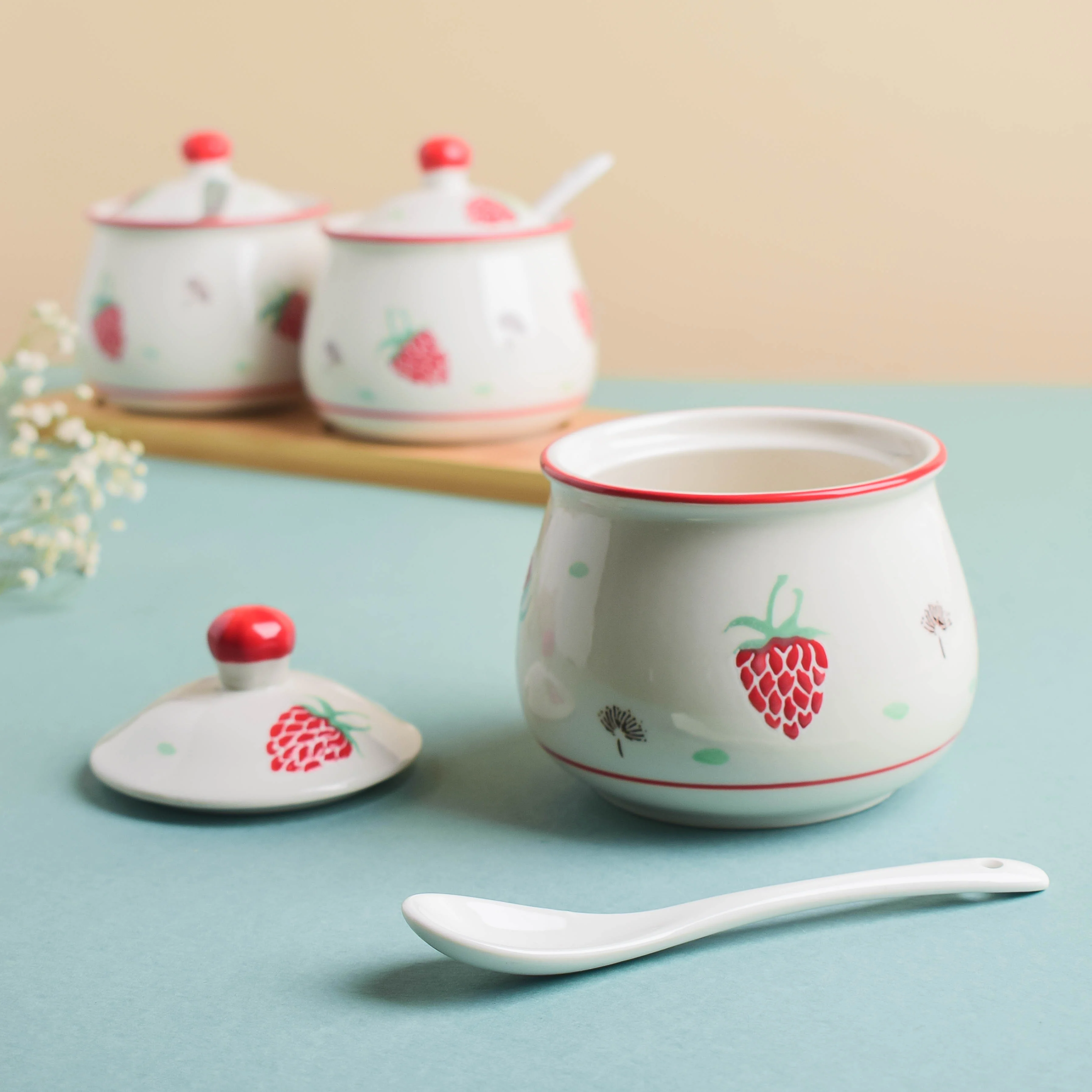 Strawberry Print Spice Jar Set with Tray - Image 5