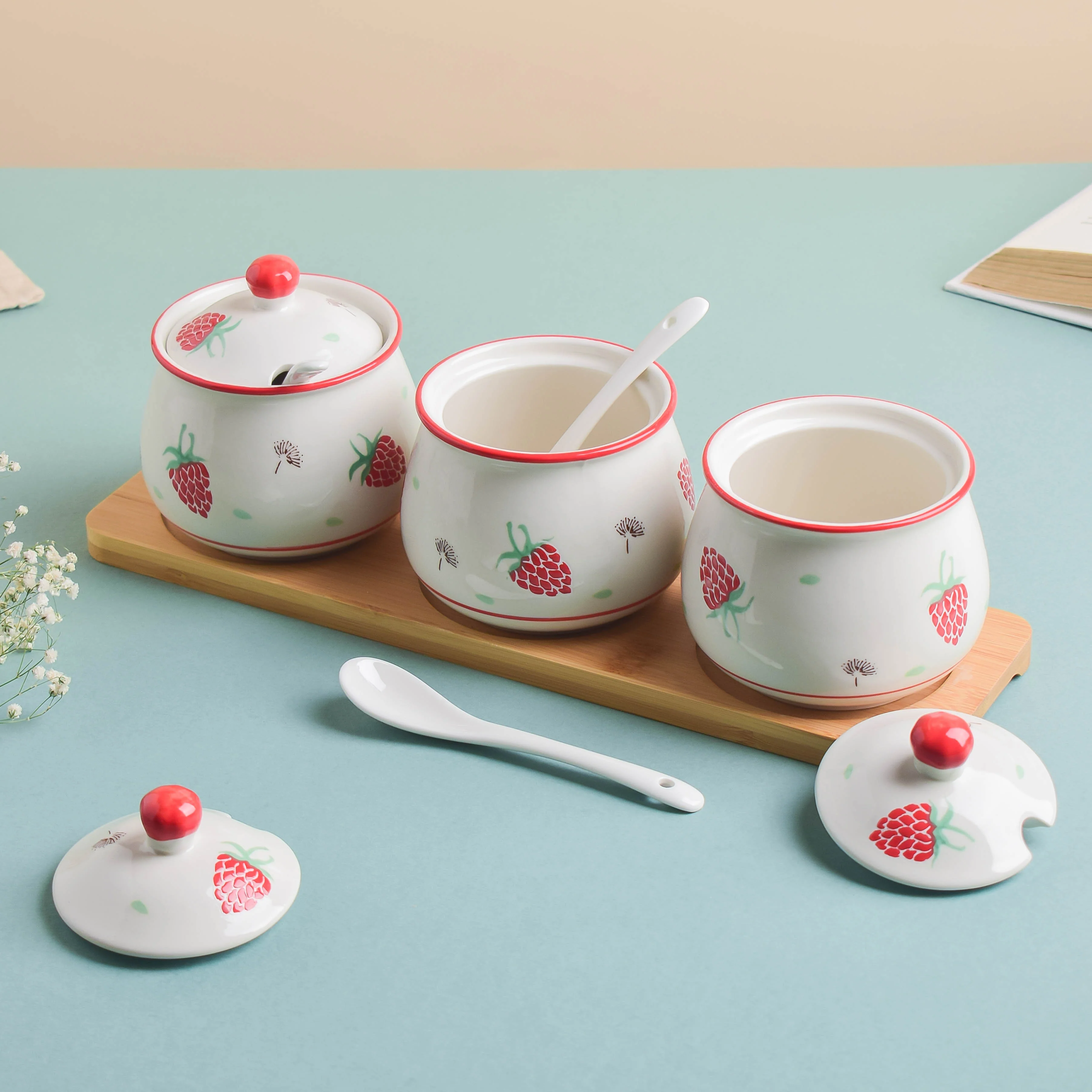 Strawberry Print Spice Jar Set with Tray - Image 6