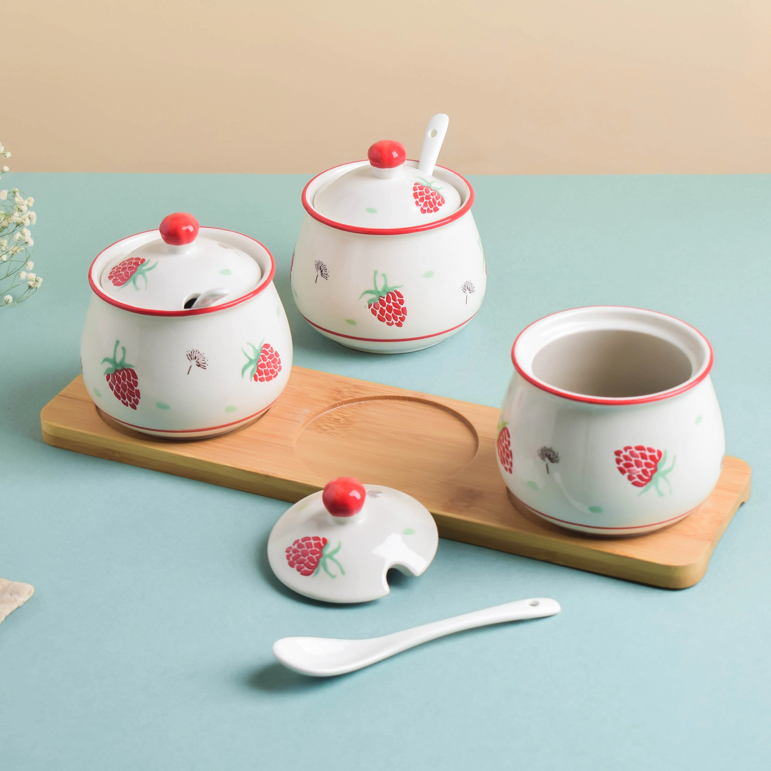 Strawberry Print Spice Jar Set with Tray - Image 7