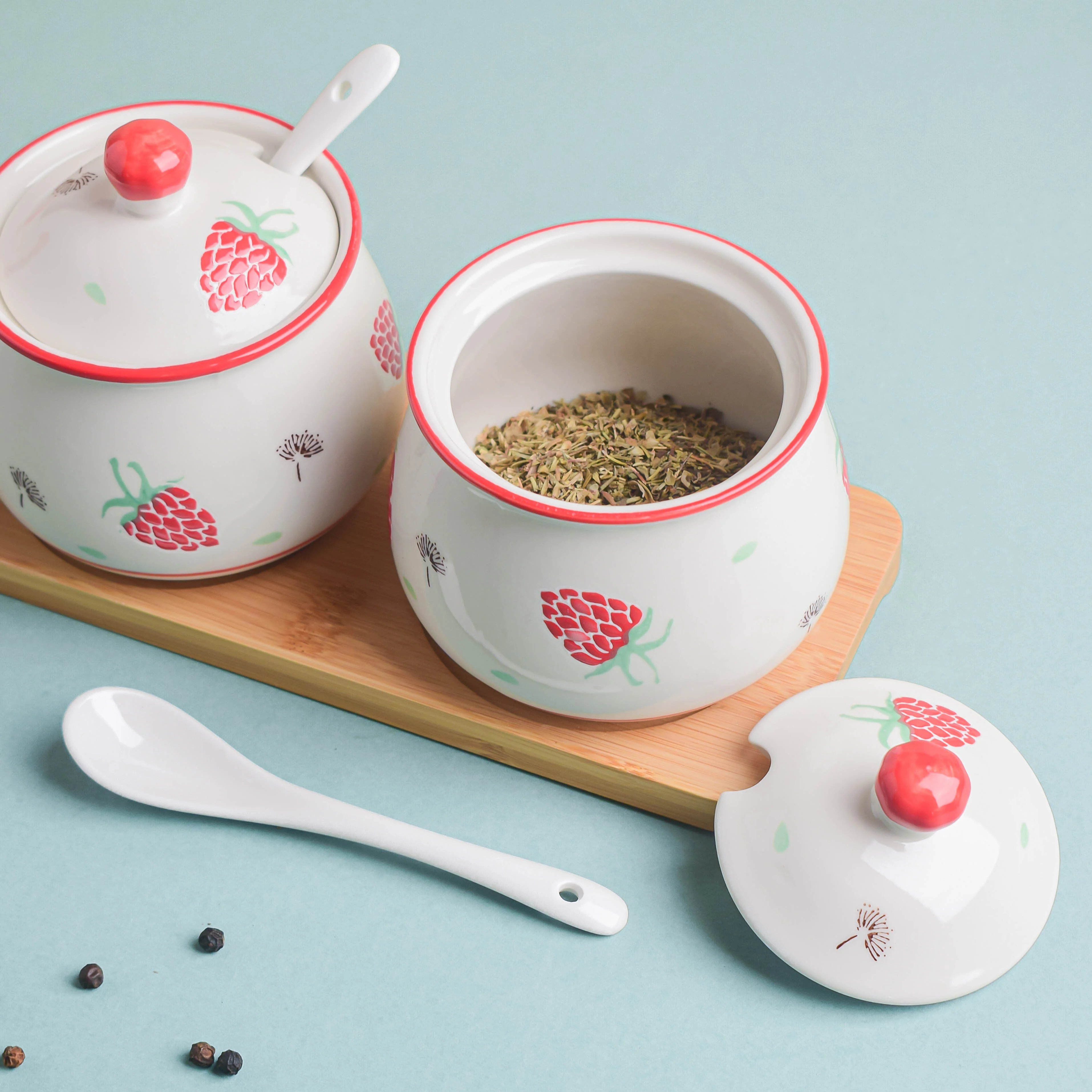 Strawberry Print Spice Jar Set with Tray - Image 8