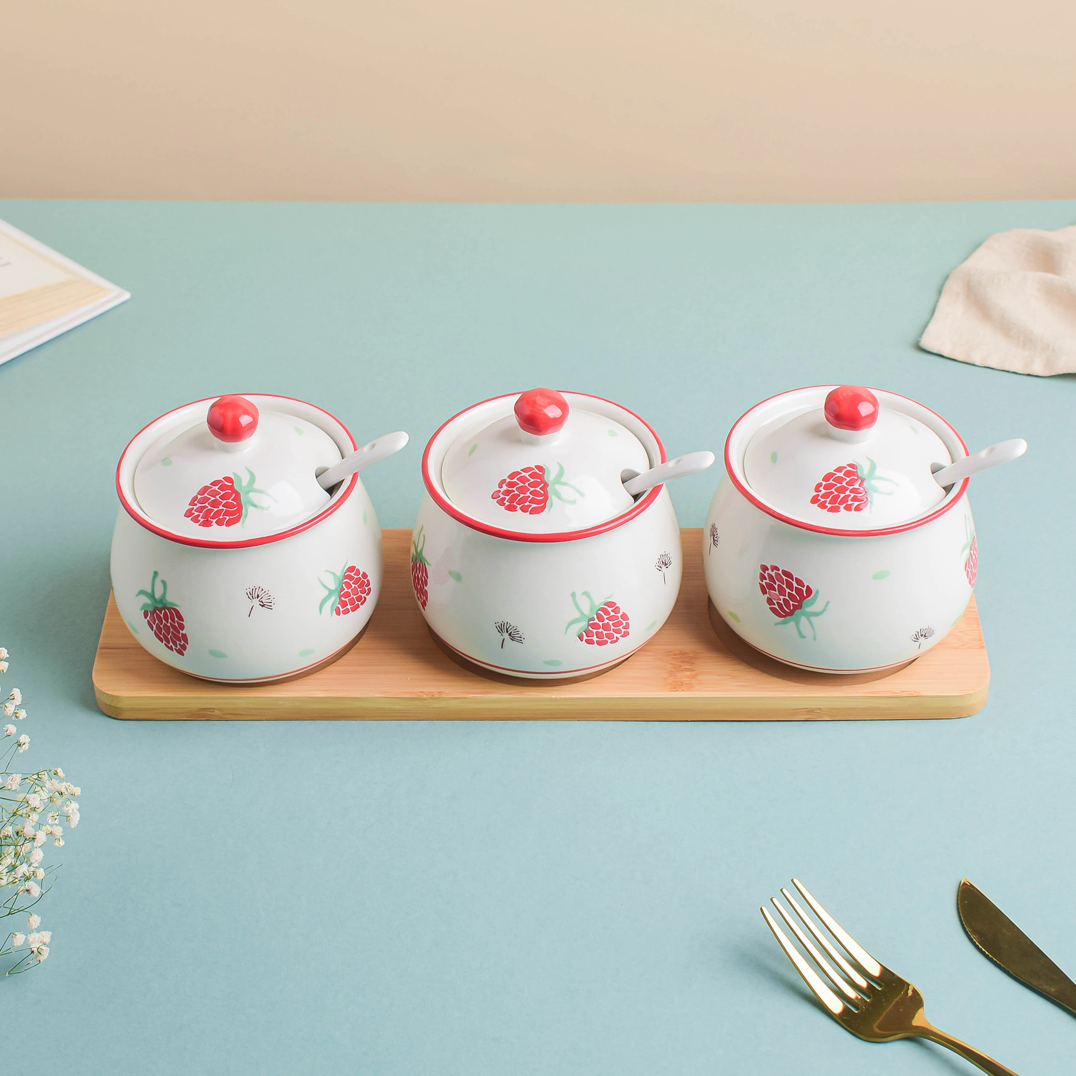 Strawberry Print Spice Jar Set with Tray - Image 9