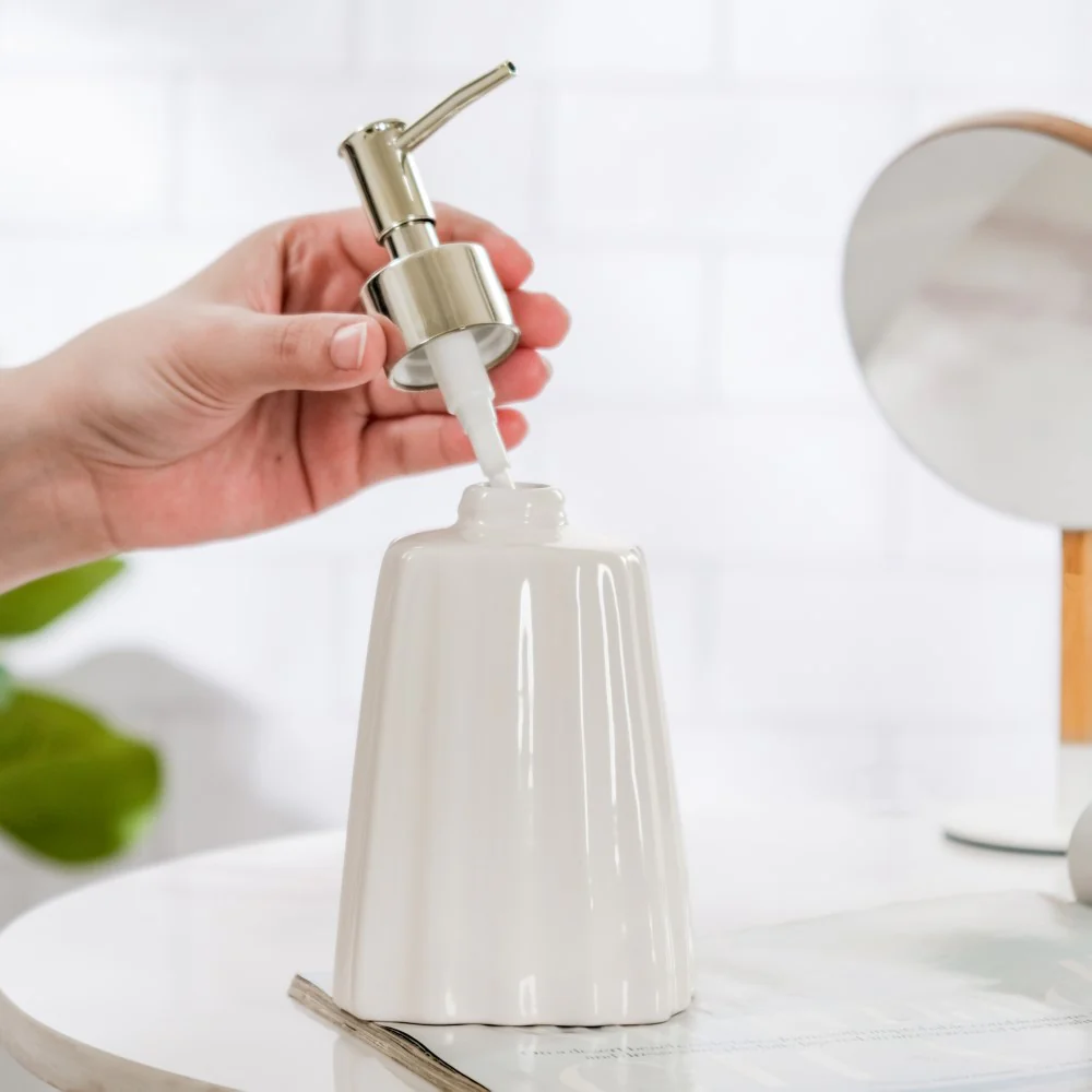 Striped Ceramic Soap Dispenser White 7 Inch - Image 2