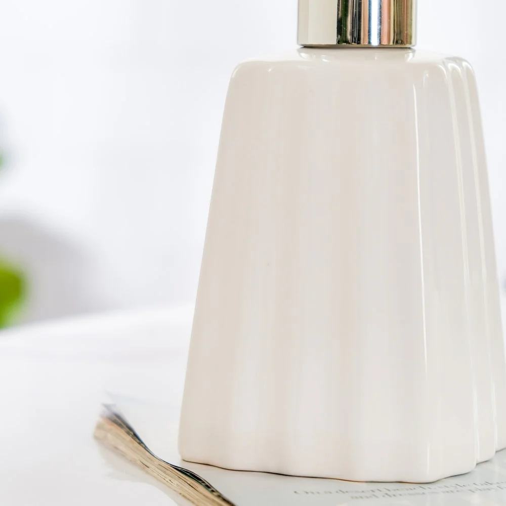 Striped Ceramic Soap Dispenser White 7 Inch - Image 4