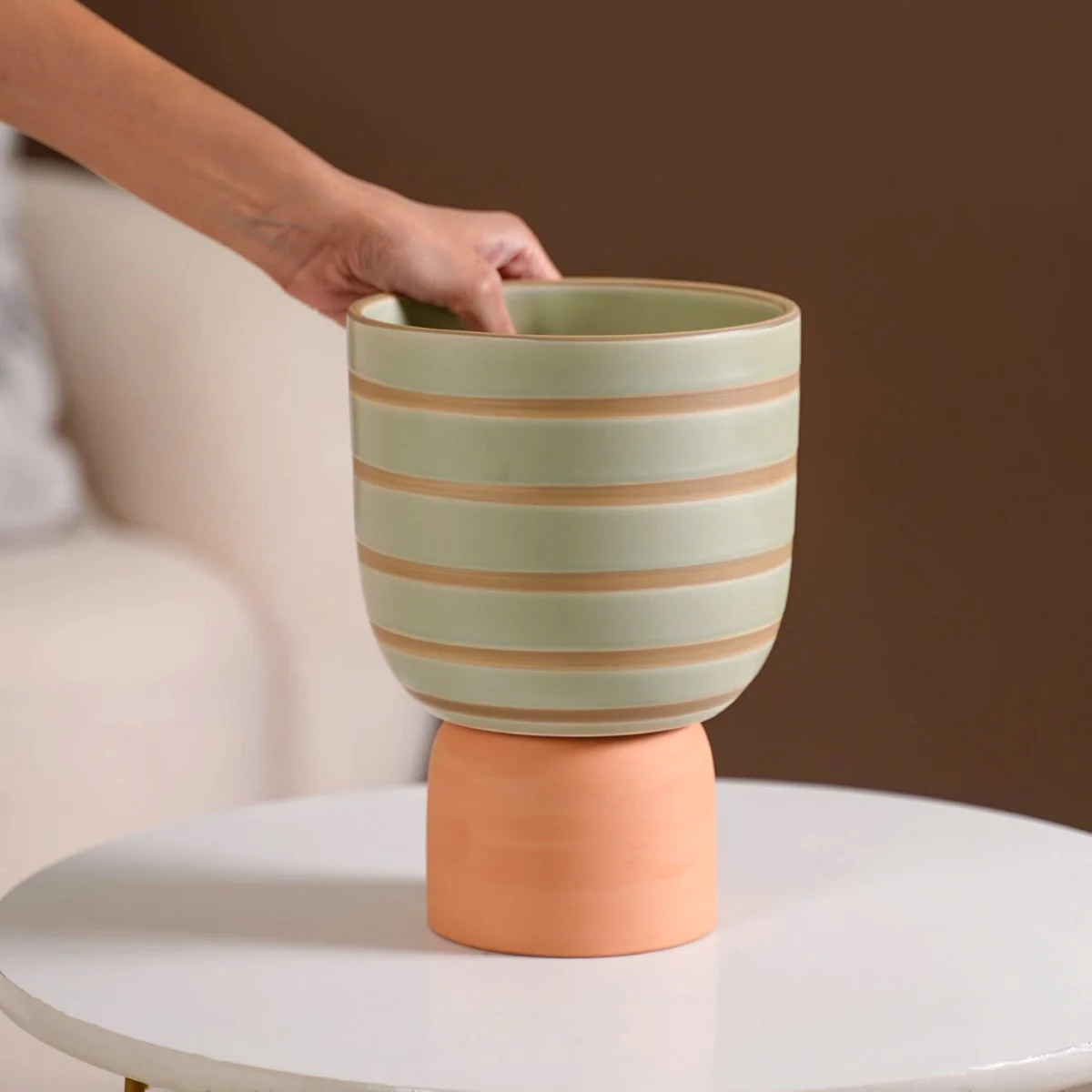 Striped Terra Ceramic Flower Pot Green - Image 3